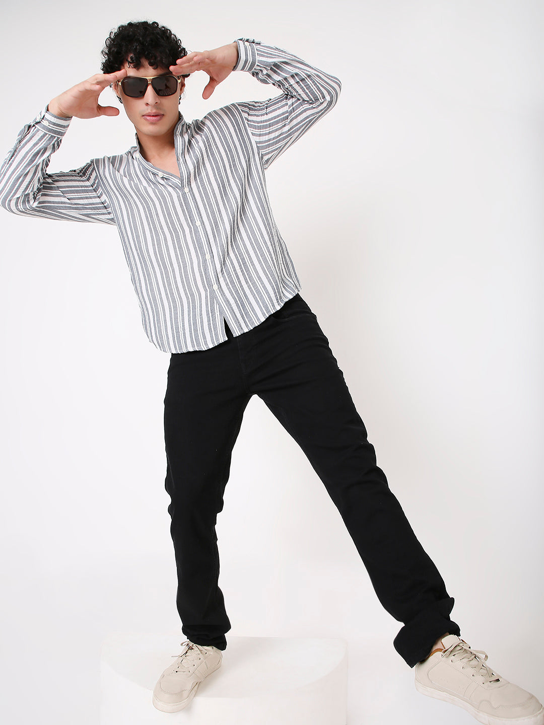 GRAY STRIPED MANDARIN SHIRT