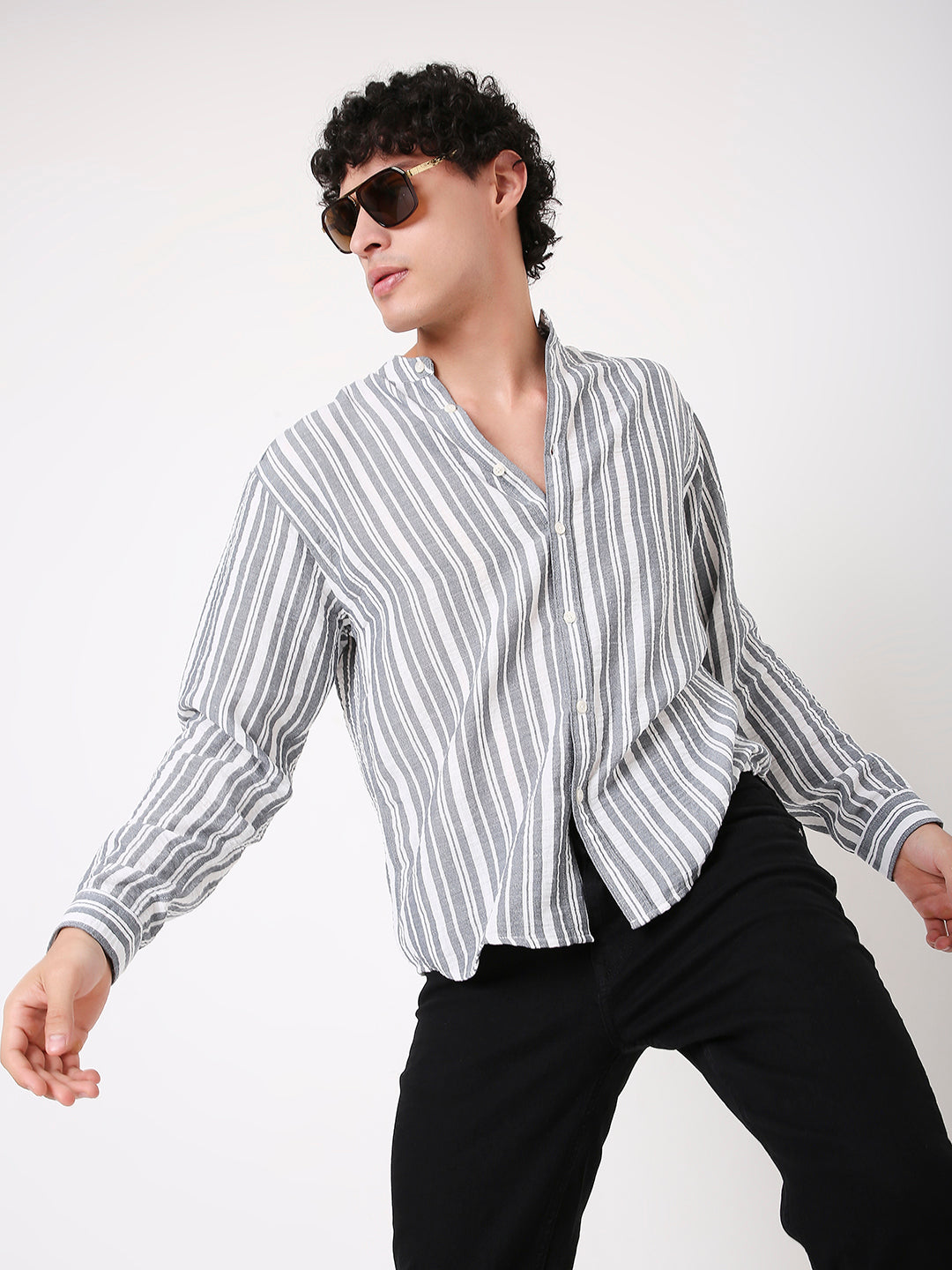 CLASSIC STRIPED MANDARIN COLLAR SHIRT FOR MEN