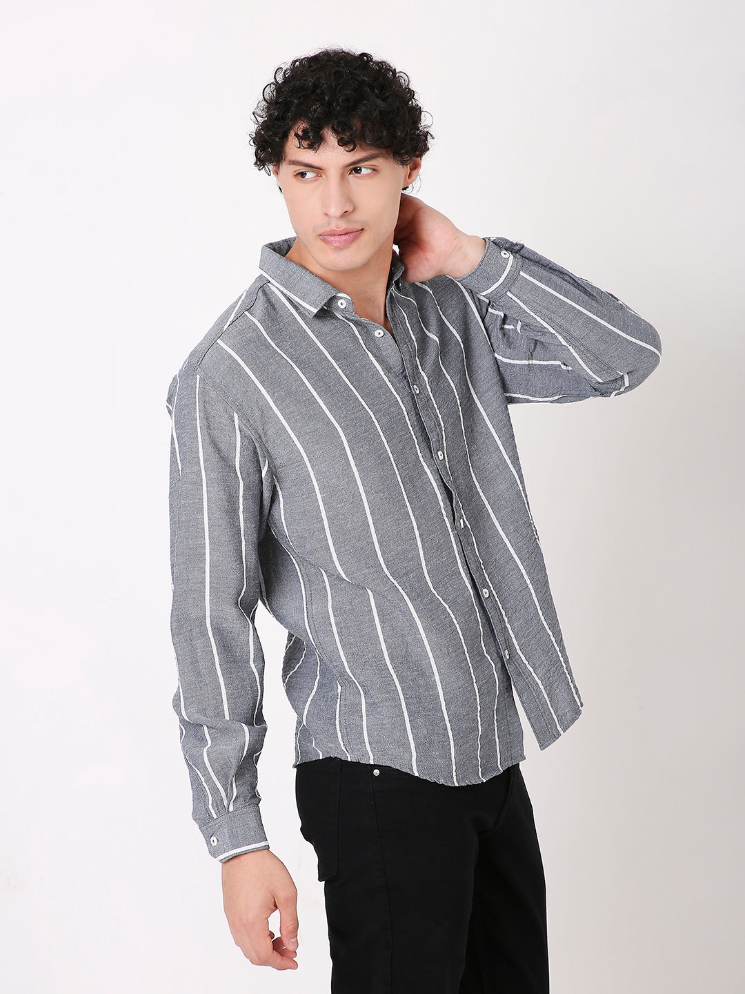 GRAY LINEN BLEND STRIPED SHIRT