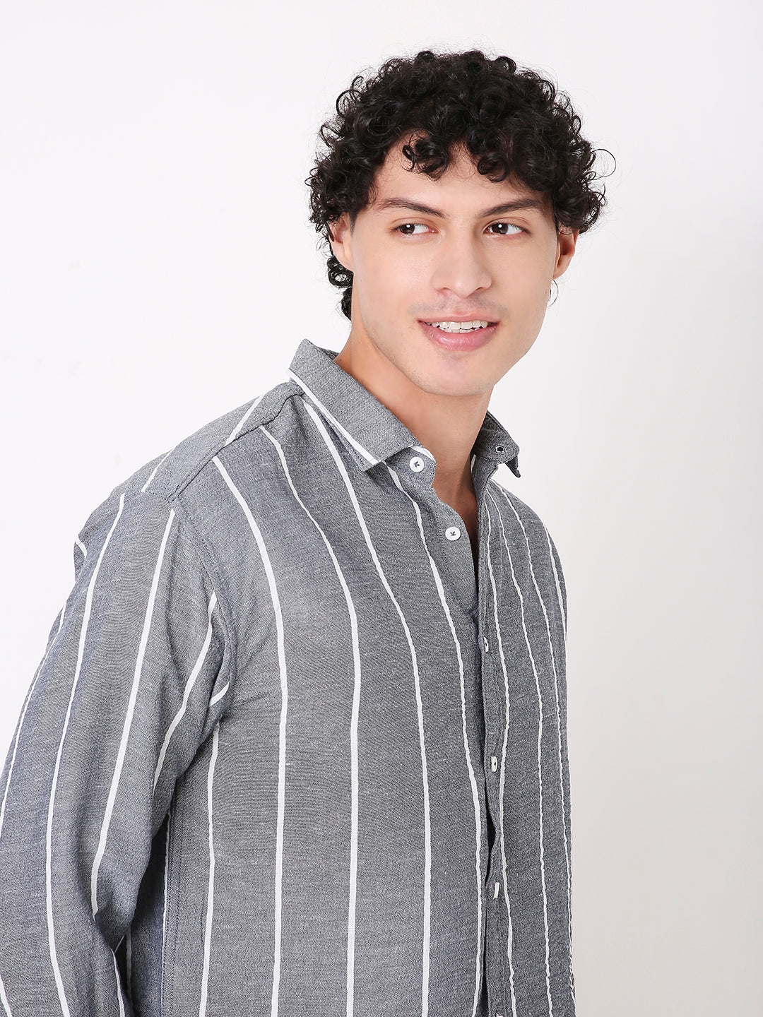 GRAY LINEN BLEND STRIPED SHIRT