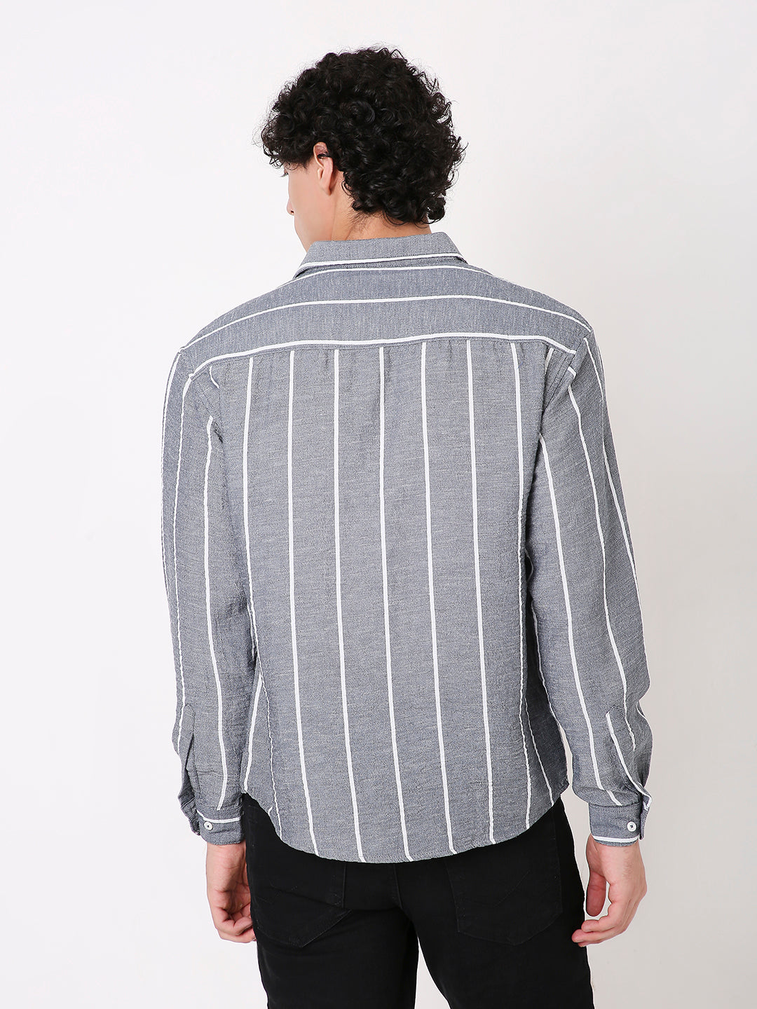GRAY LINEN BLEND STRIPED SHIRT