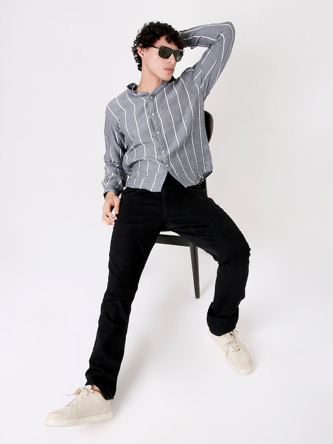 GRAY LINEN BLEND STRIPED SHIRT