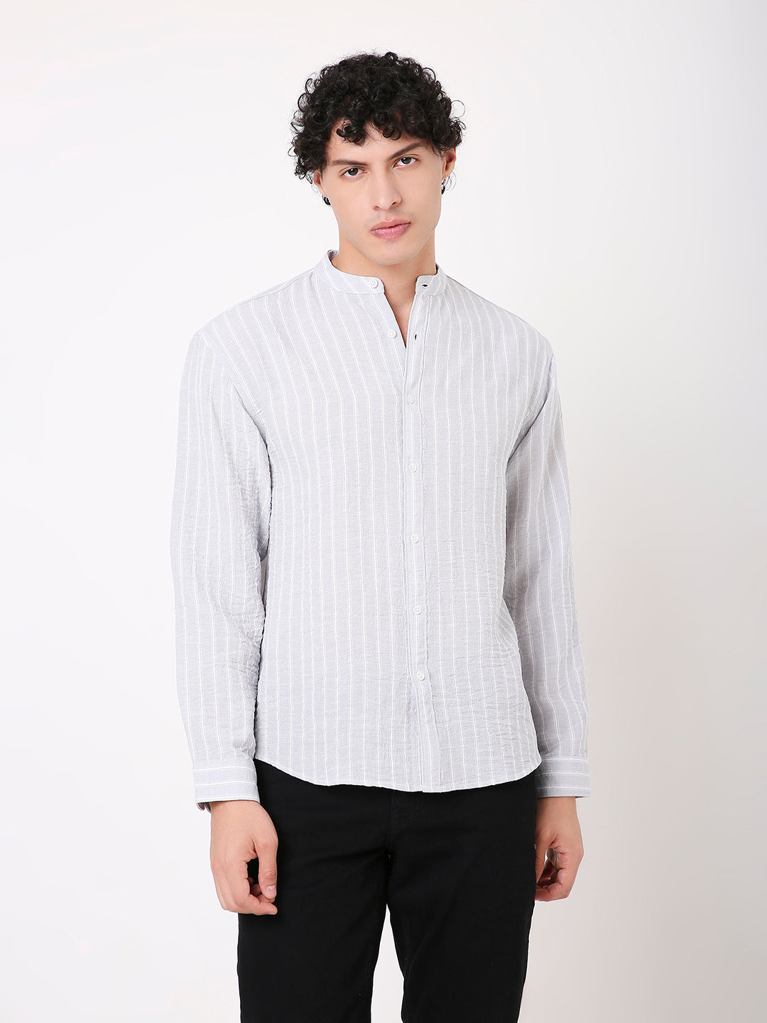 GRAY STRIPED MANDARIN SHIRT