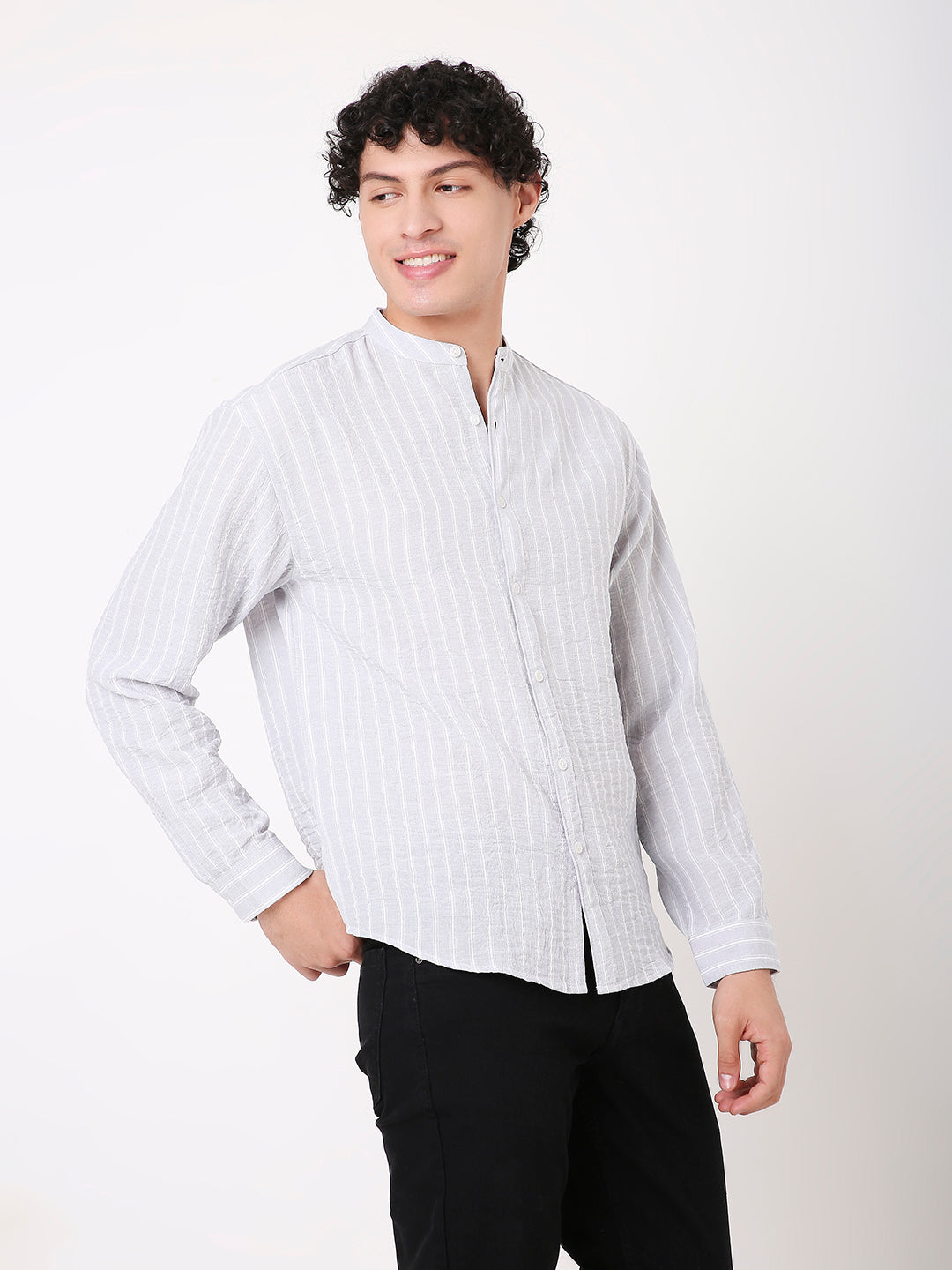 STRIPED LINEN BLEND MANDARIN COLLAR  SHIRT FOR MEN