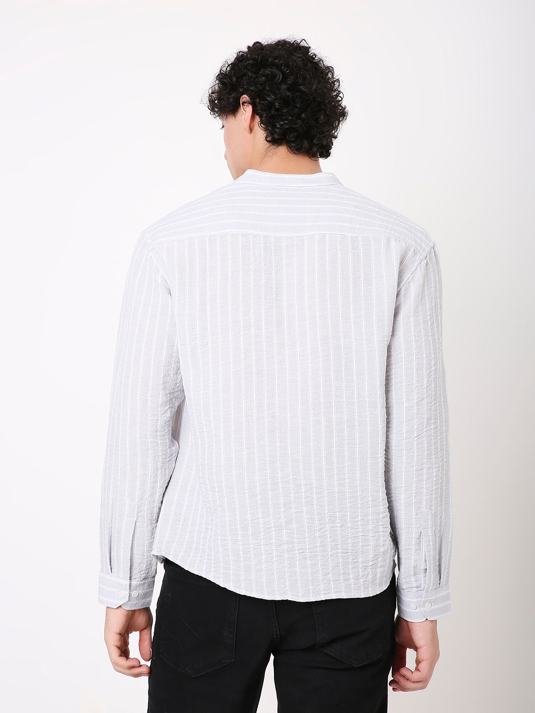 STRIPED LINEN BLEND MANDARIN COLLAR  SHIRT FOR MEN