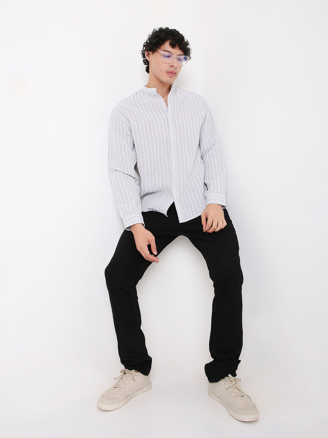 GRAY STRIPED MANDARIN SHIRT