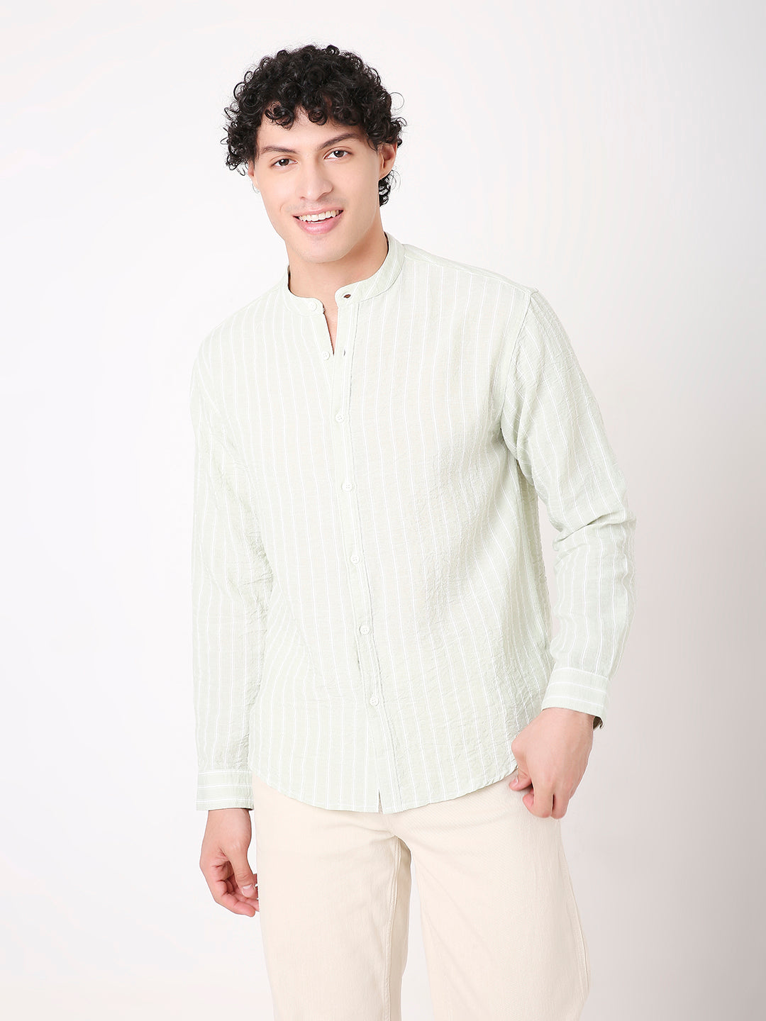 GREEN STRIPED MANDARIN SHIRT