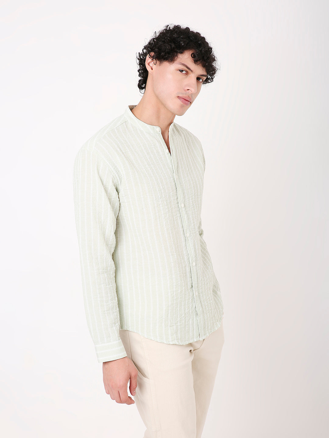 GREEN STRIPED MANDARIN SHIRT