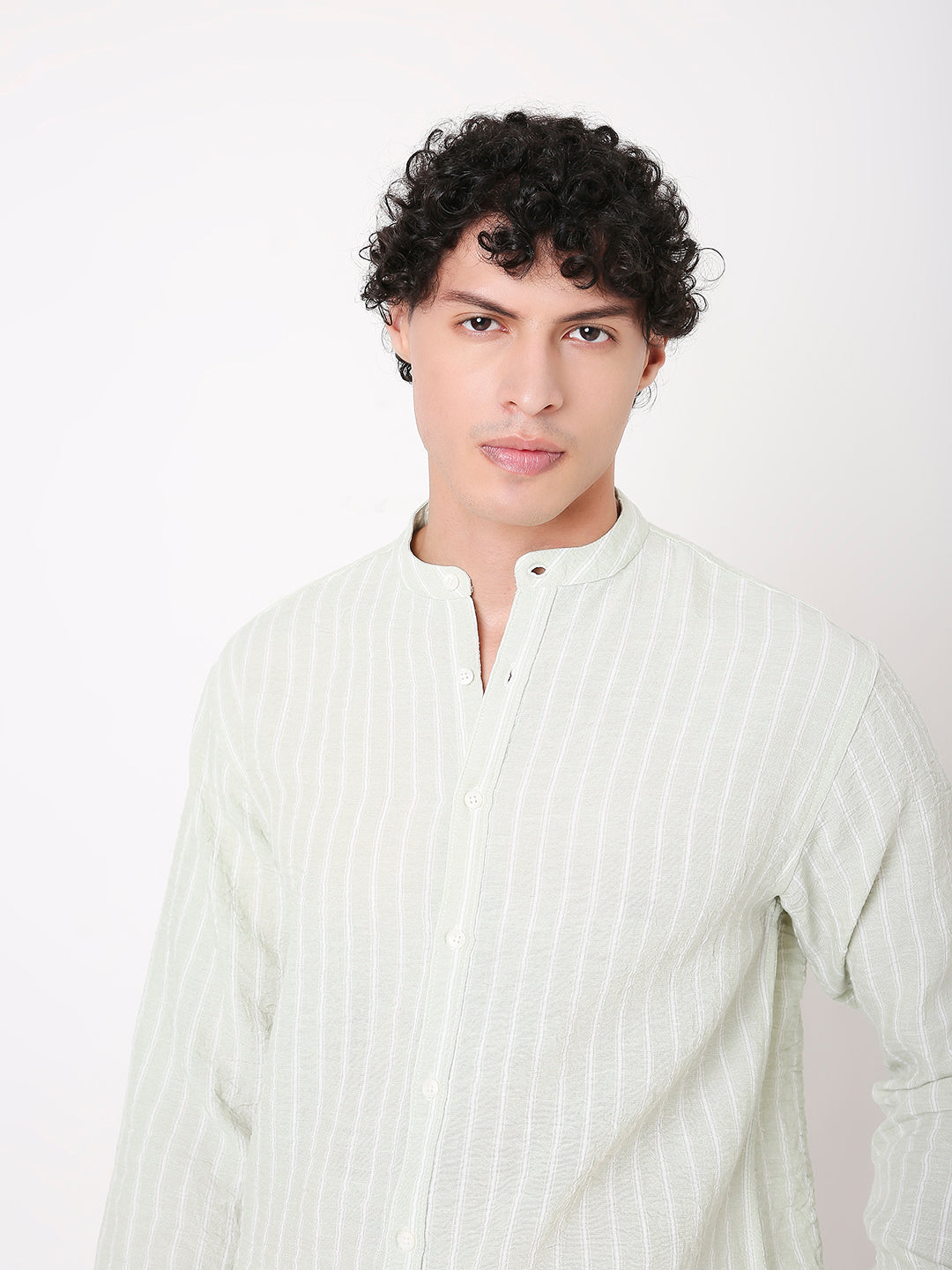 STRIPED MANDARIN COLLAR LINEN BLEND SHIRT FOR MEN