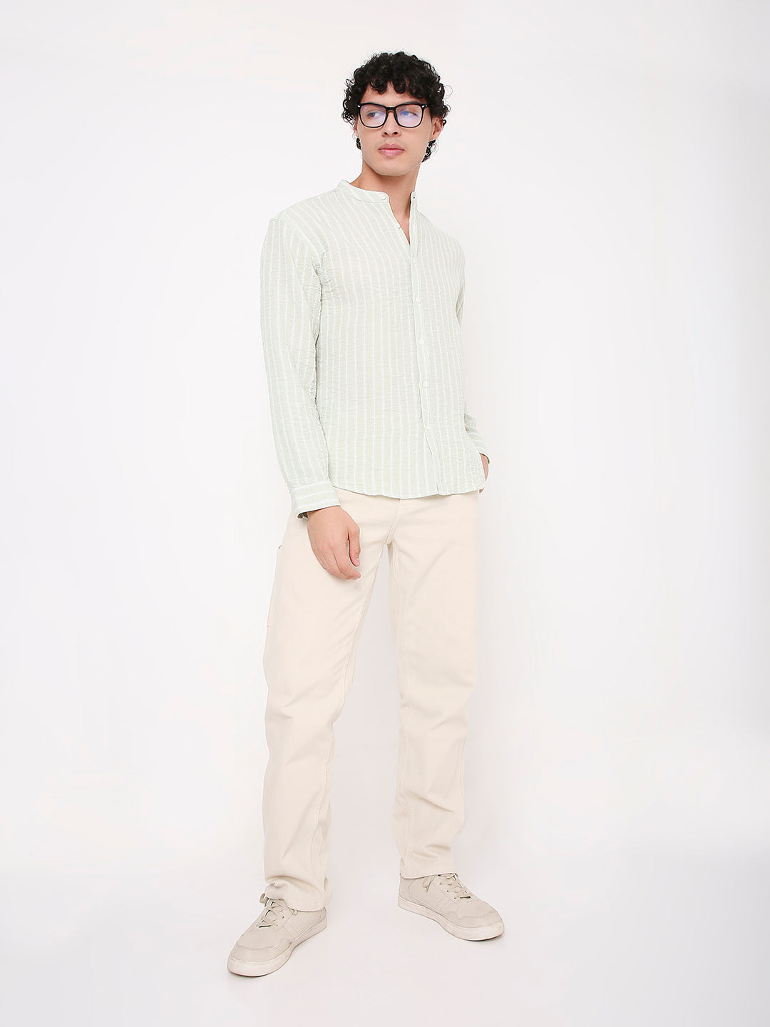 STRIPED MANDARIN COLLAR LINEN BLEND SHIRT FOR MEN