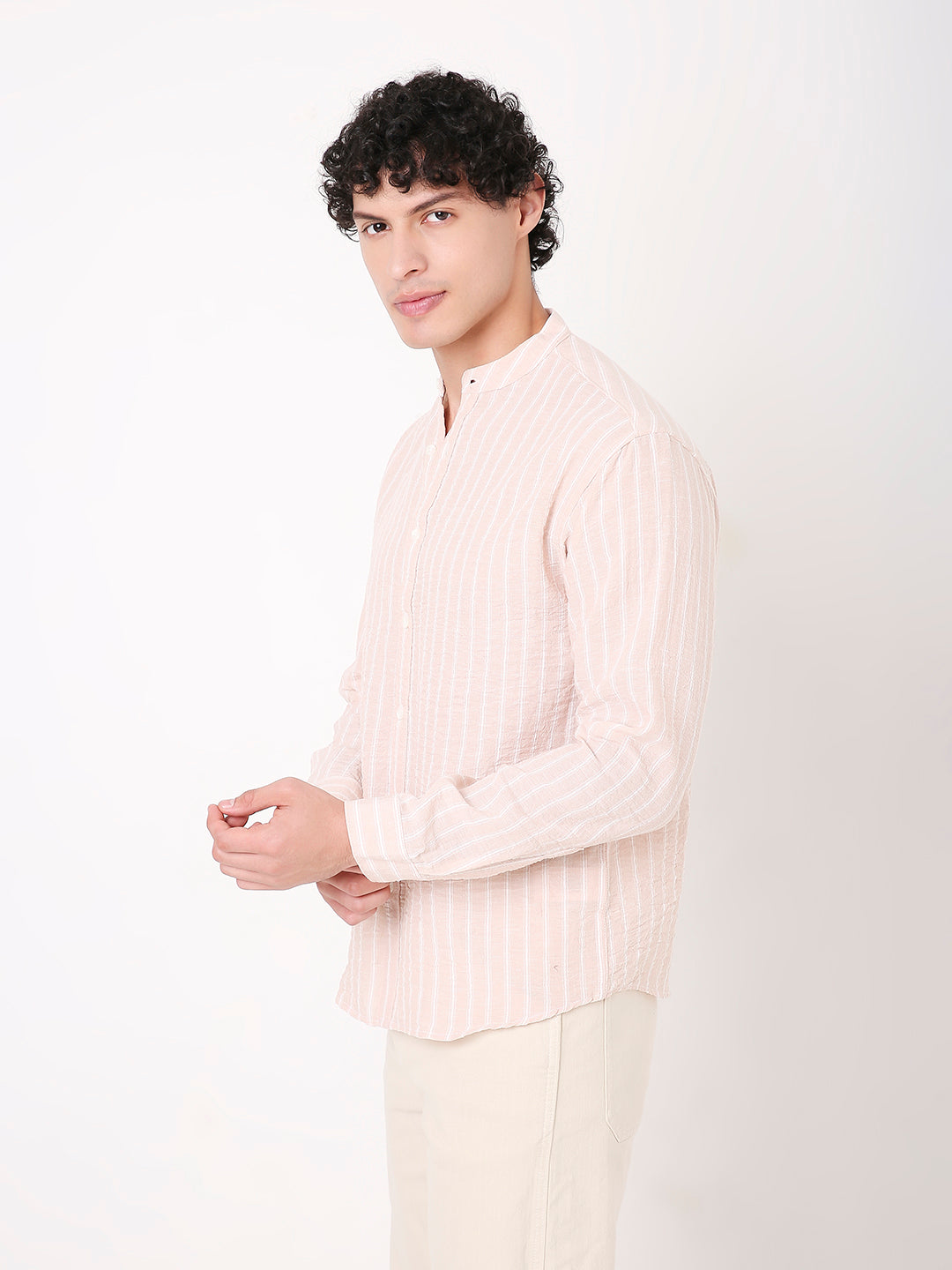 PEACH STRIPED MANDARIN SHIRT