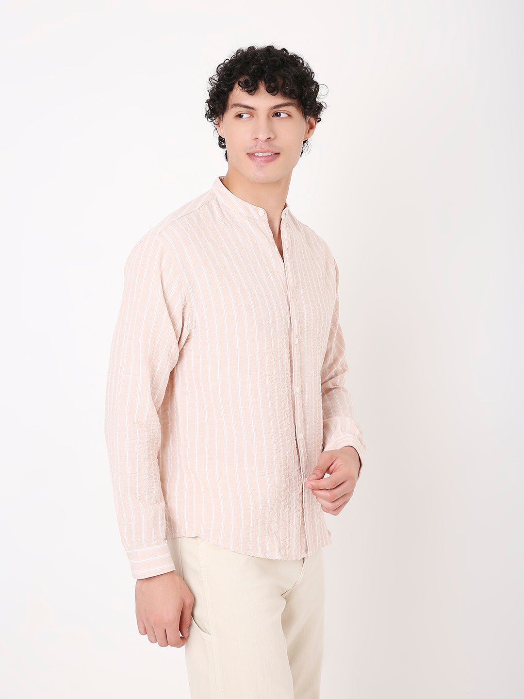 PEACH STRIPED MANDARIN SHIRT