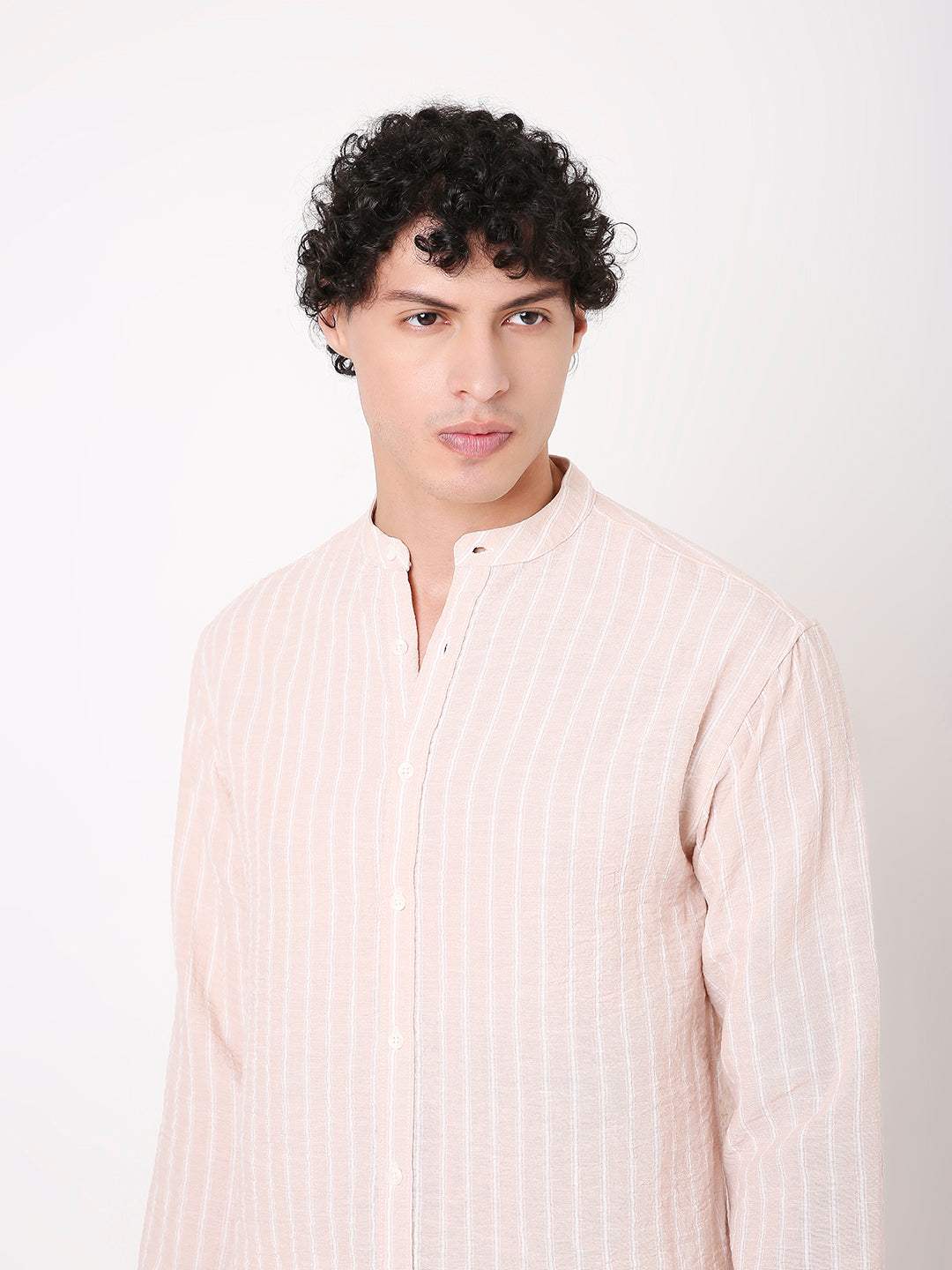 STRIPED MANDARIN COLLAR LINEN BLEND SHIRT FOR MEN