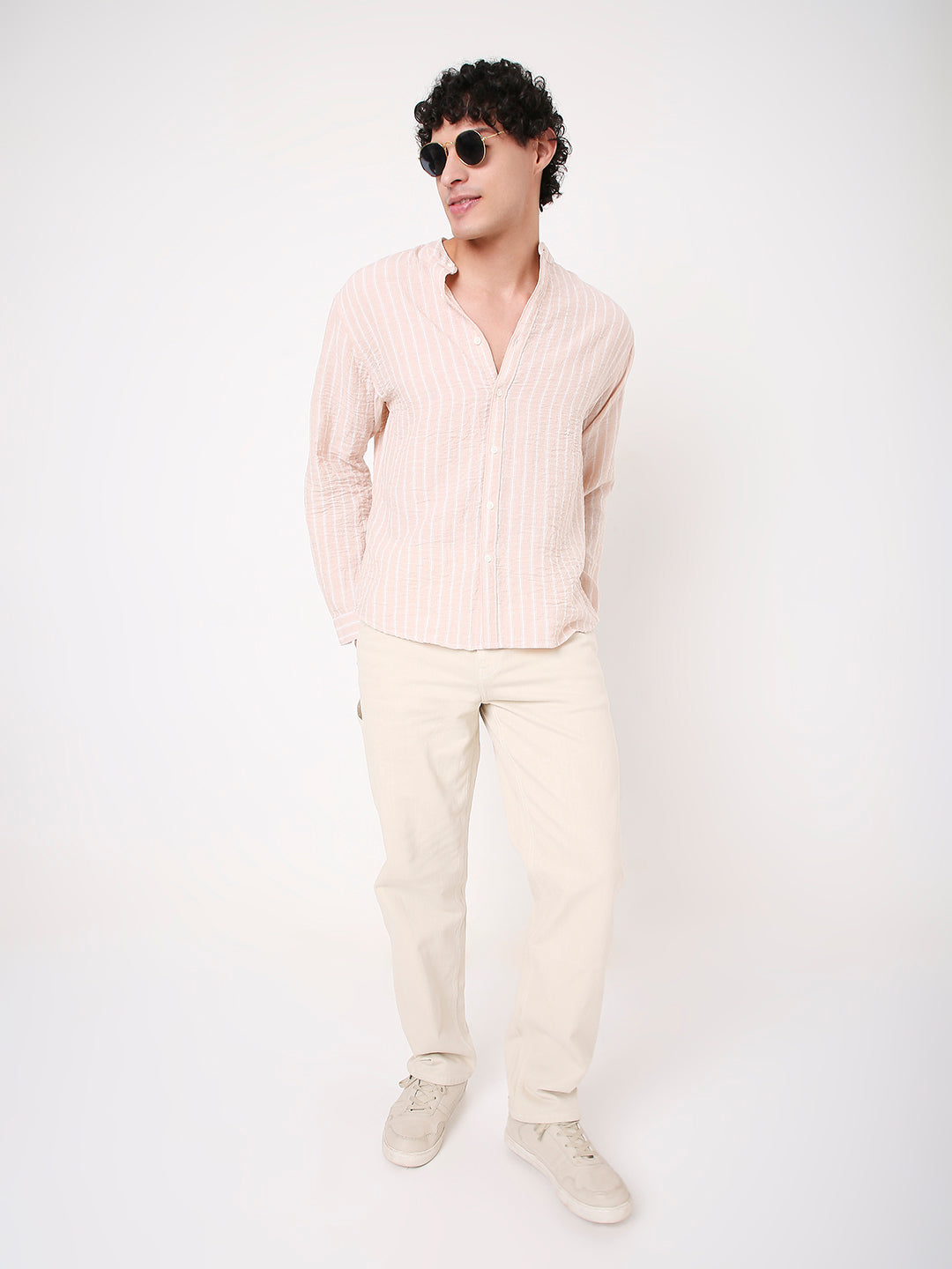 STRIPED MANDARIN COLLAR LINEN BLEND SHIRT FOR MEN