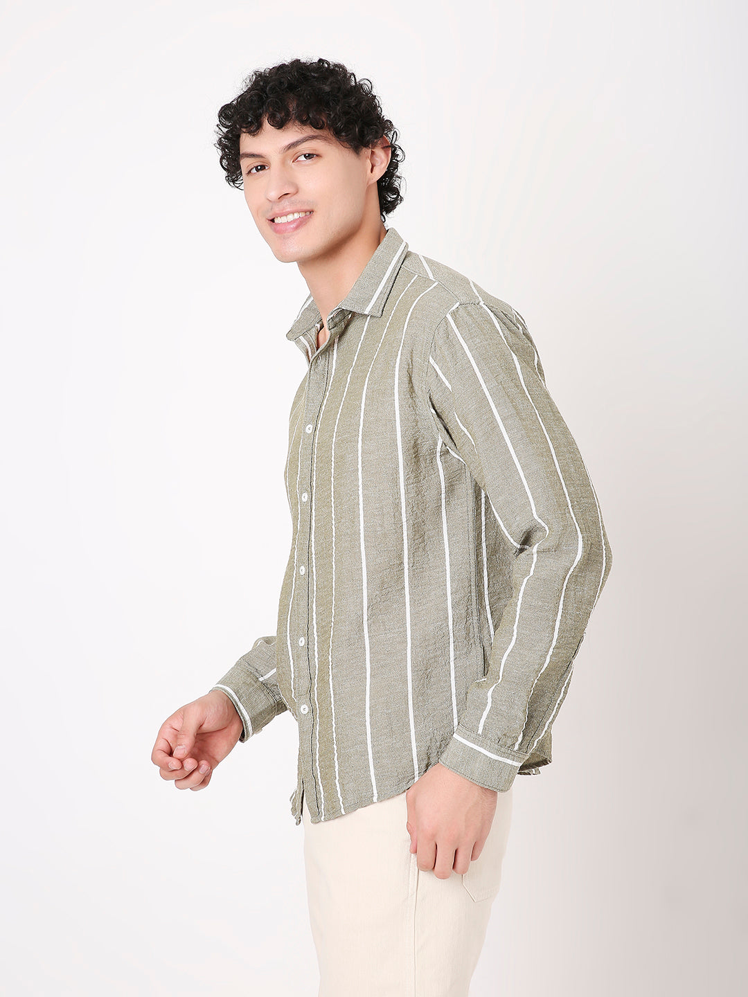 OLIVE LINEN BLEND STRIPED SHIRT