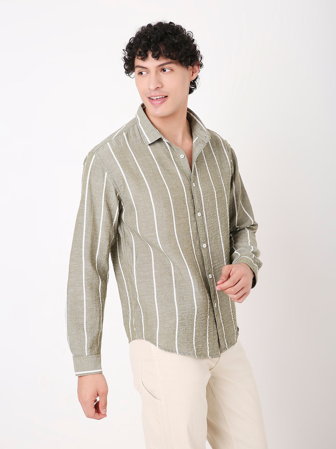 OLIVE LINEN BLEND STRIPED SHIRT