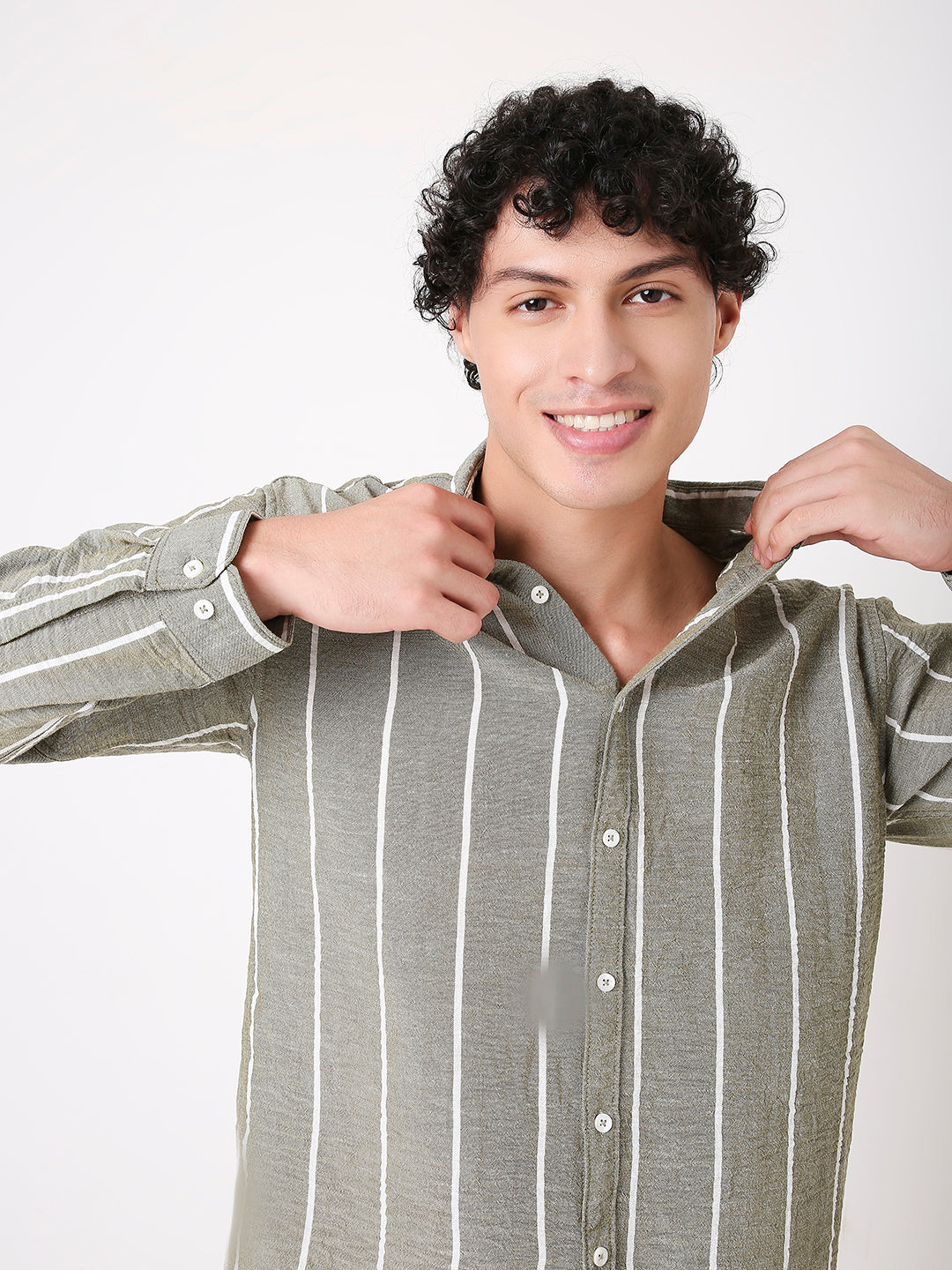 OLIVE LINEN BLEND STRIPED SHIRT