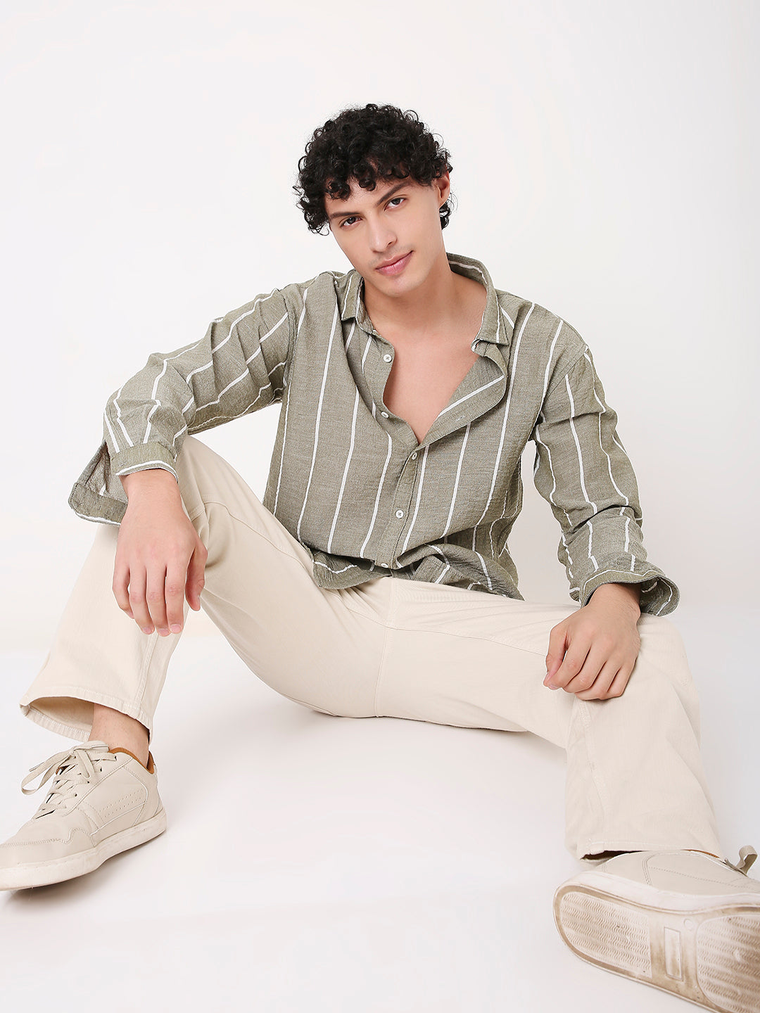 OLIVE LINEN BLEND STRIPED SHIRT