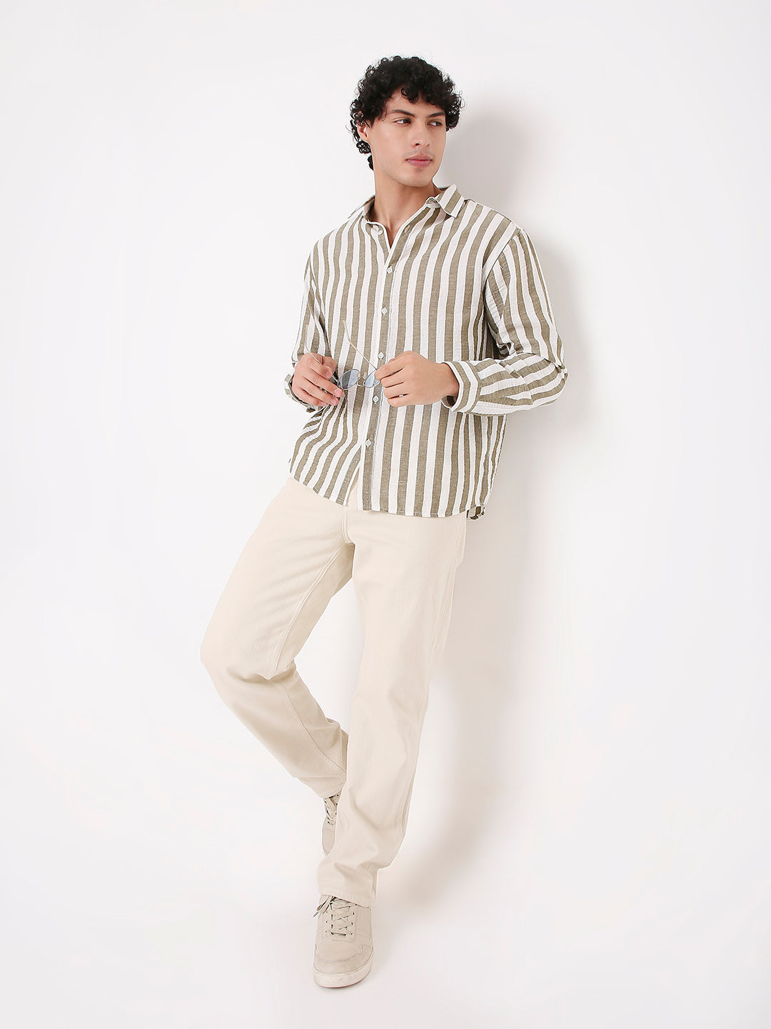 OLIVE VERTICAL STRIPED SHIRT