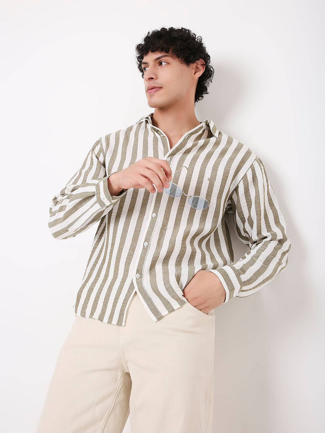 OLIVE VERTICAL STRIPED SHIRT