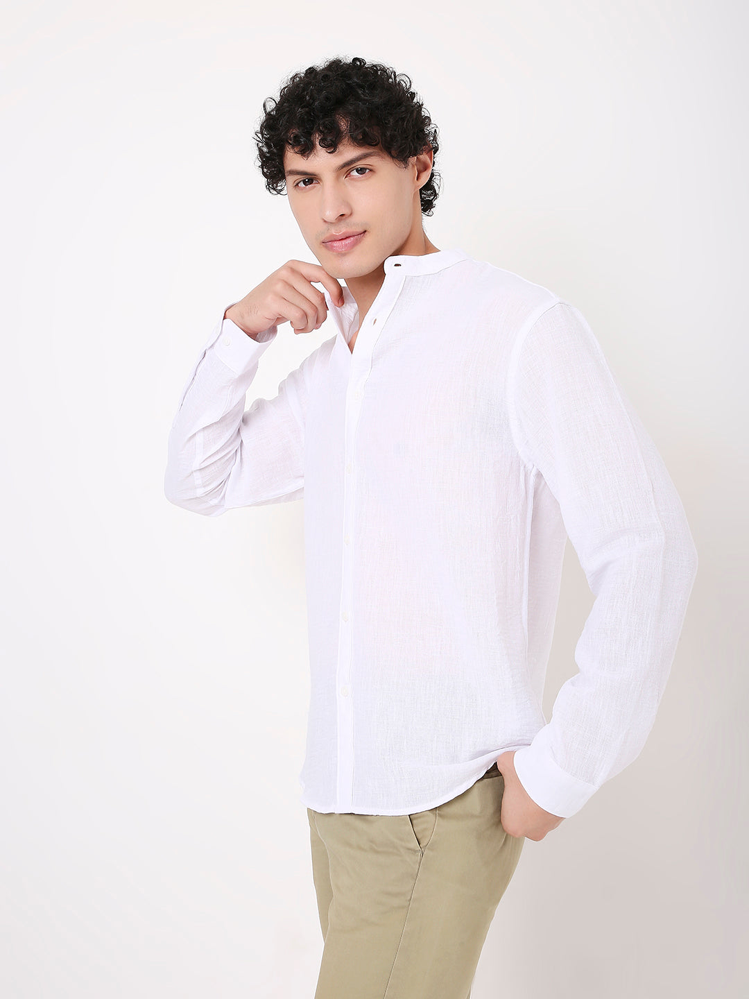 WHITE PREMIUM LINEN BLEND MANDARIN COLLAR SHIRT