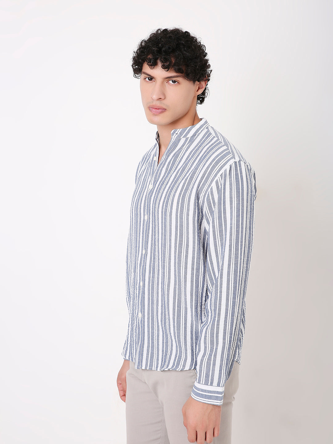 BLUE STRIPED MANDARIN SHIRT