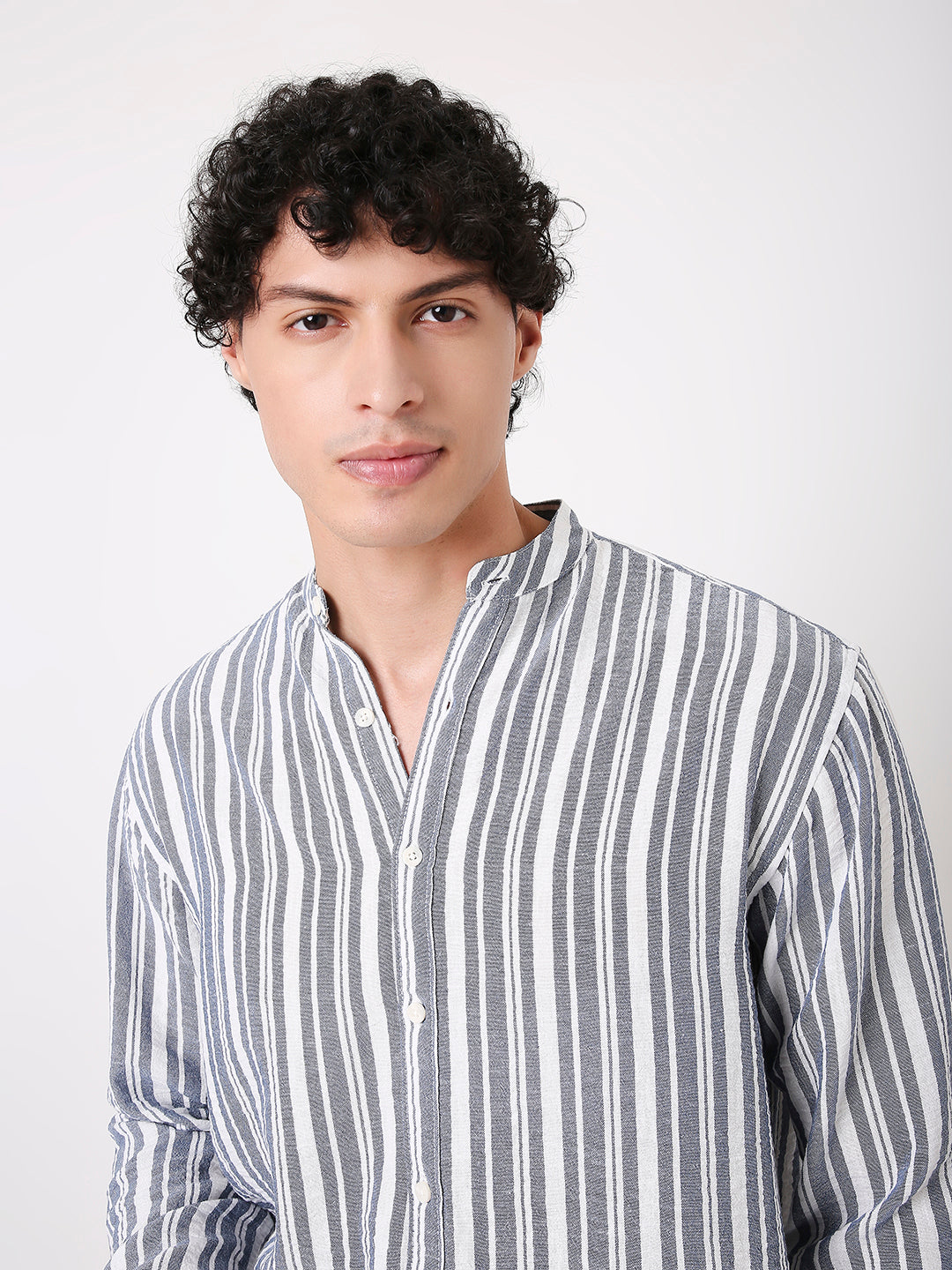 CLASSIC STRIPED MANDARIN COLLAR SHIRT FOR MEN