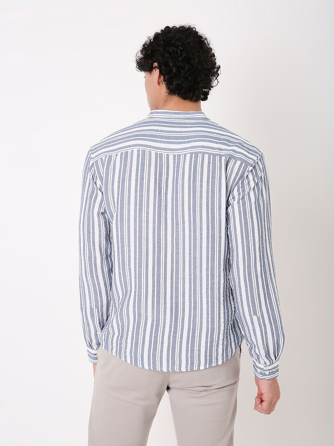 CLASSIC STRIPED MANDARIN COLLAR SHIRT FOR MEN