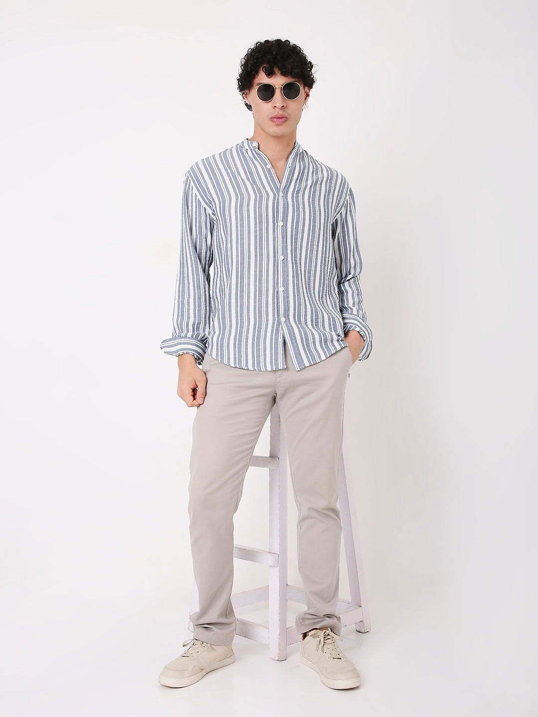 BLUE STRIPED MANDARIN SHIRT