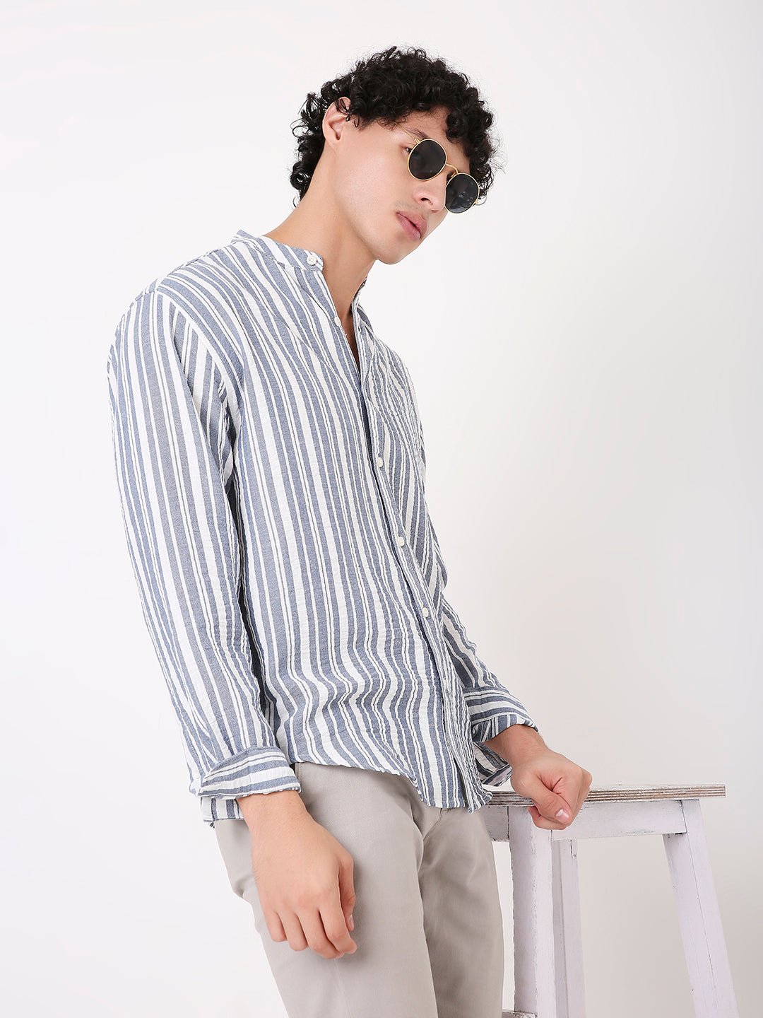 CLASSIC STRIPED MANDARIN COLLAR SHIRT FOR MEN