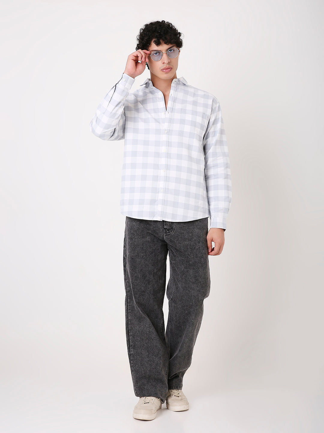 BUFFALO COTTON BLEND GREY CHECKS SHIRT