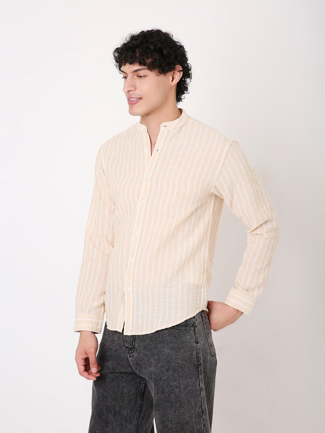 FAWN STRIPED MANDARIN SHIRT