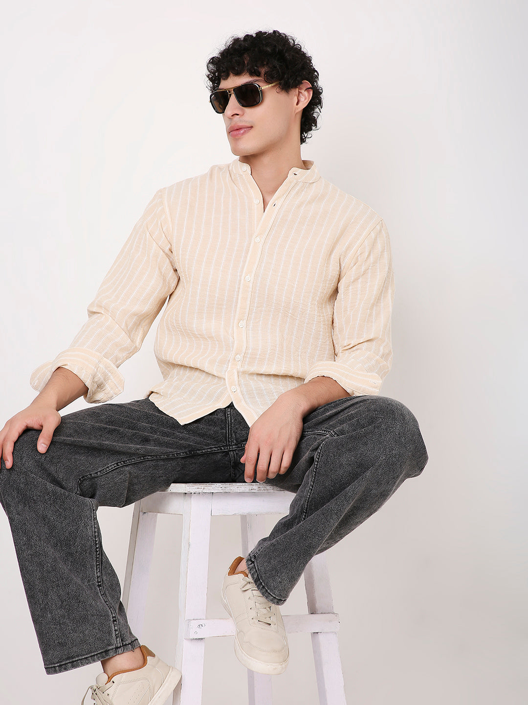 FAWN STRIPED MANDARIN SHIRT