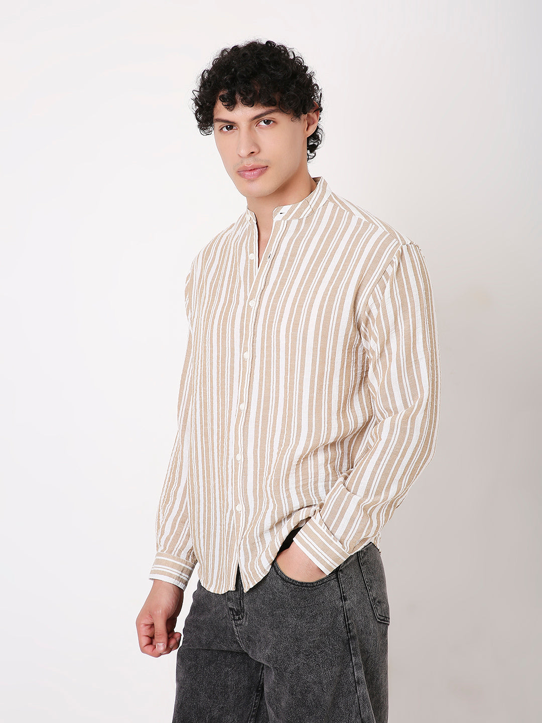 FAWN STRIPED MANDARIN SHIRT