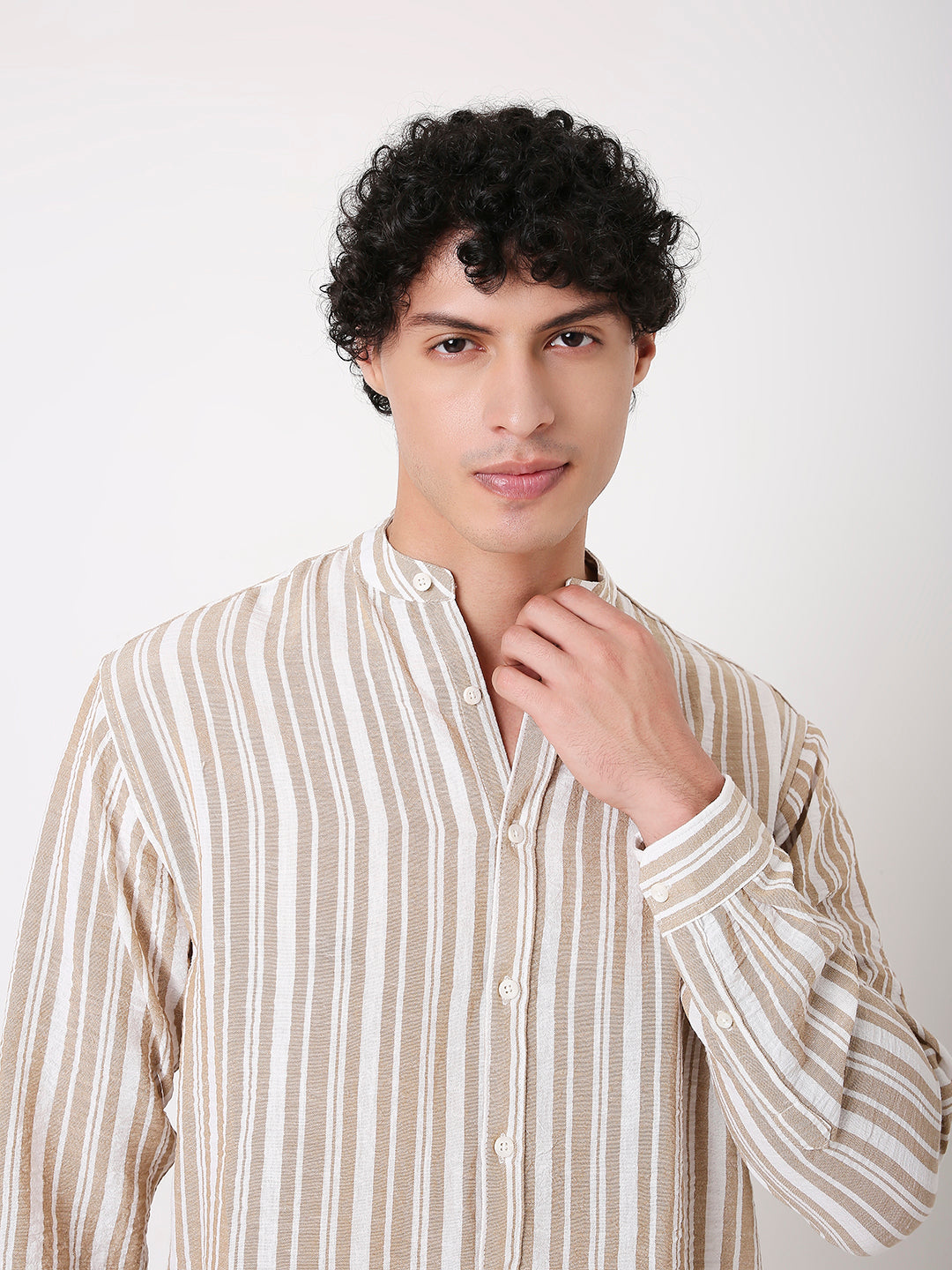 CLASSIC STRIPED MANDARIN COLLAR SHIRT FOR MEN
