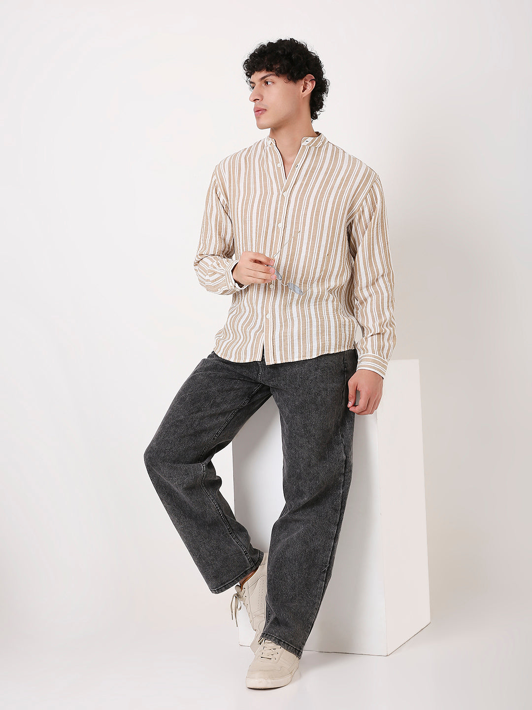 CLASSIC STRIPED MANDARIN COLLAR SHIRT FOR MEN
