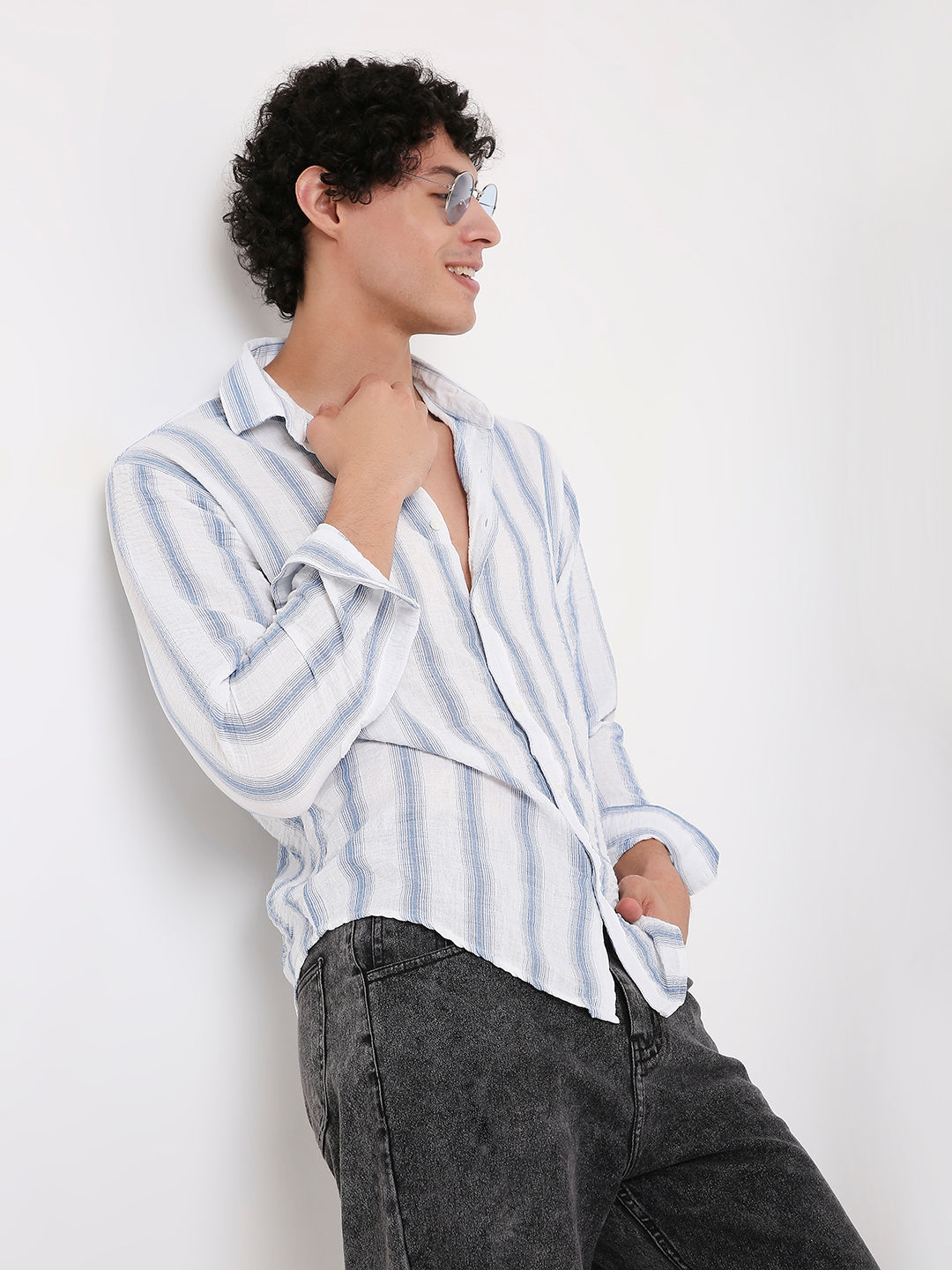 BLUE STRIPED LINEN BLEND SHIRT