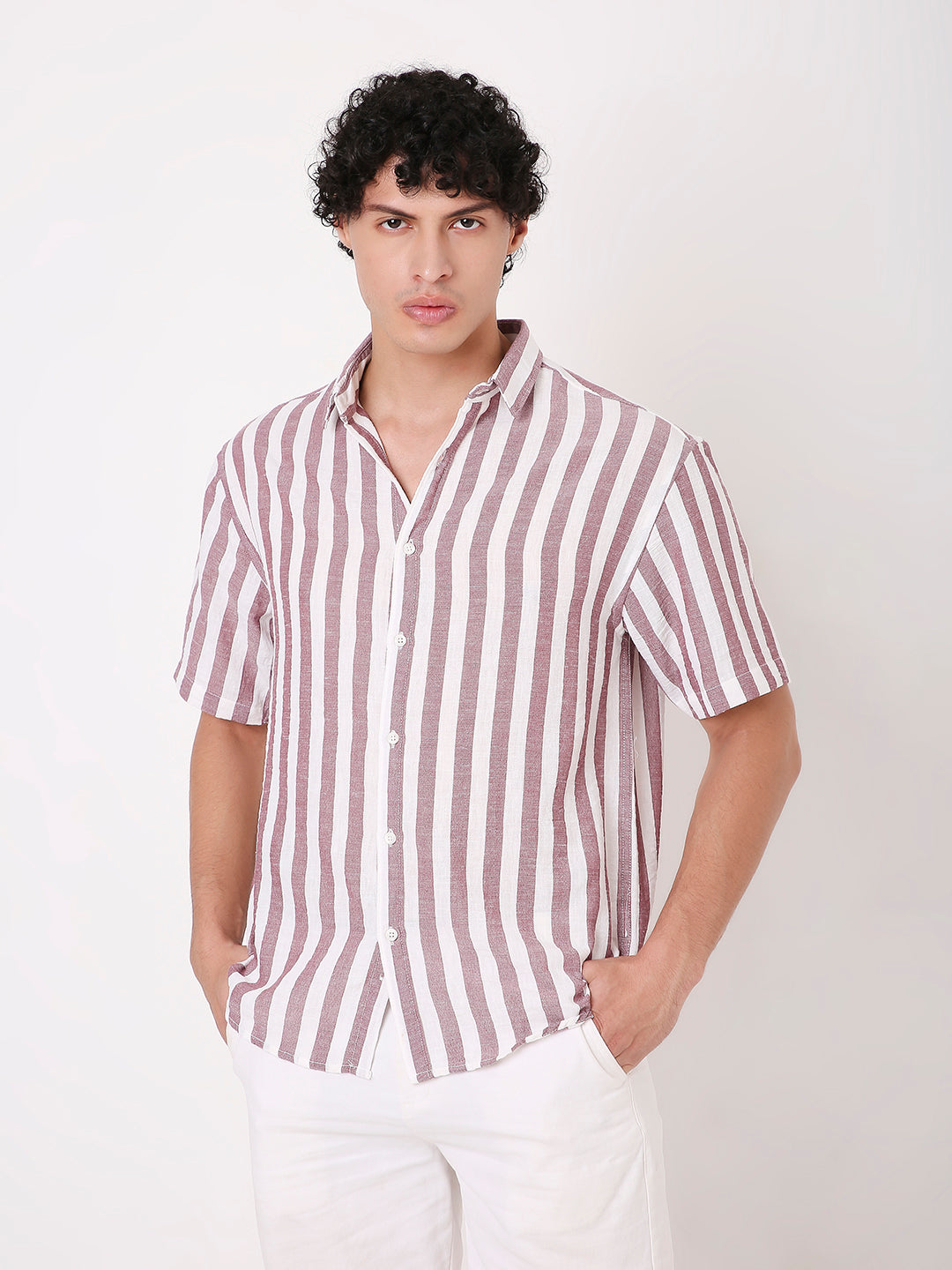 VERTICAL STRIPED LINEN BLEND HALF SLEEVE SHIRT