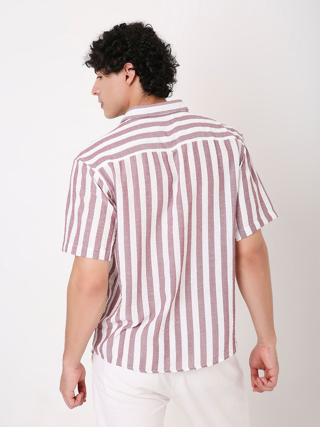 VERTICAL STRIPED LINEN BLEND HALF SLEEVE SHIRT