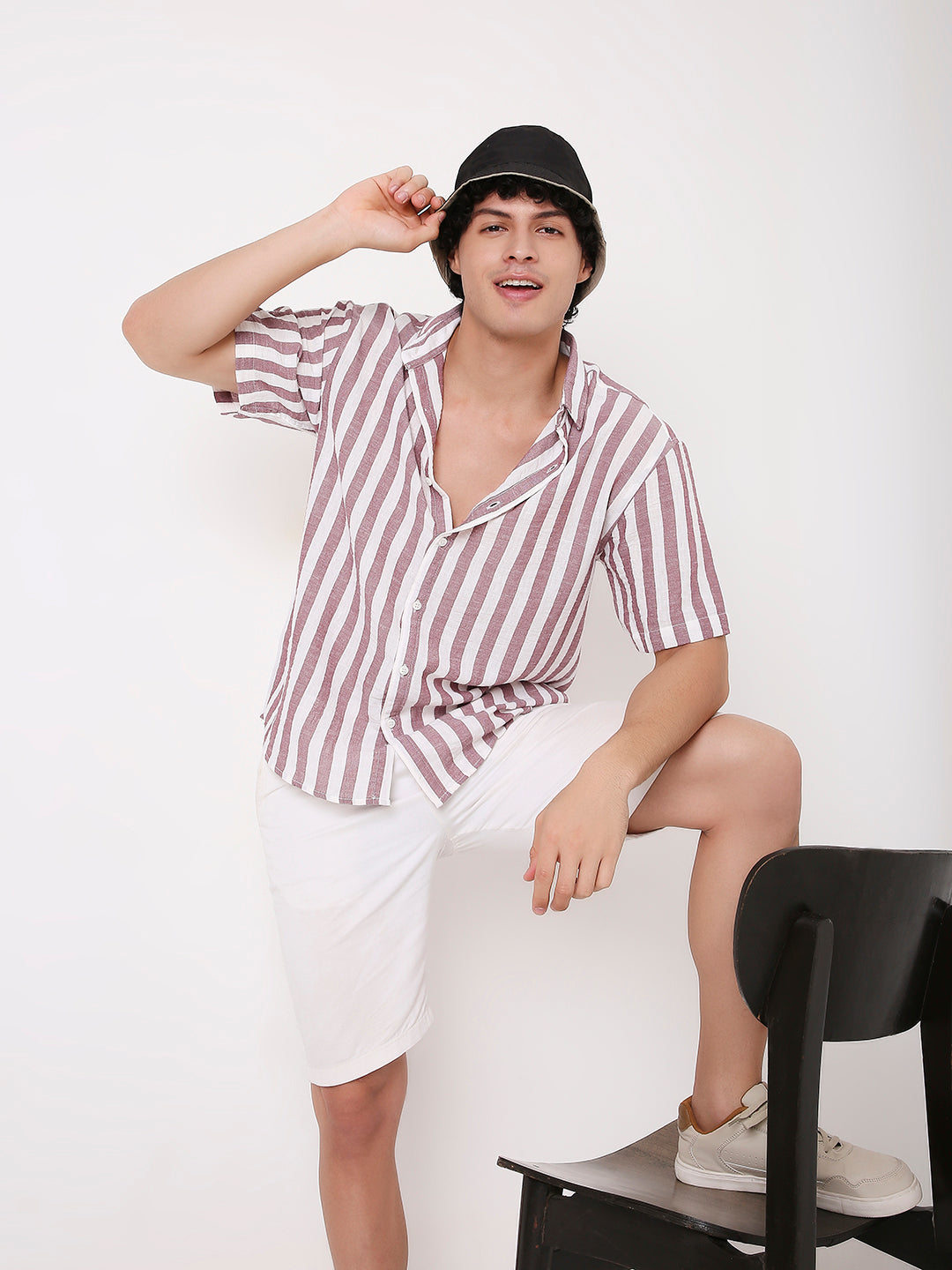 VERTICAL STRIPED LINEN BLEND HALF SLEEVE SHIRT