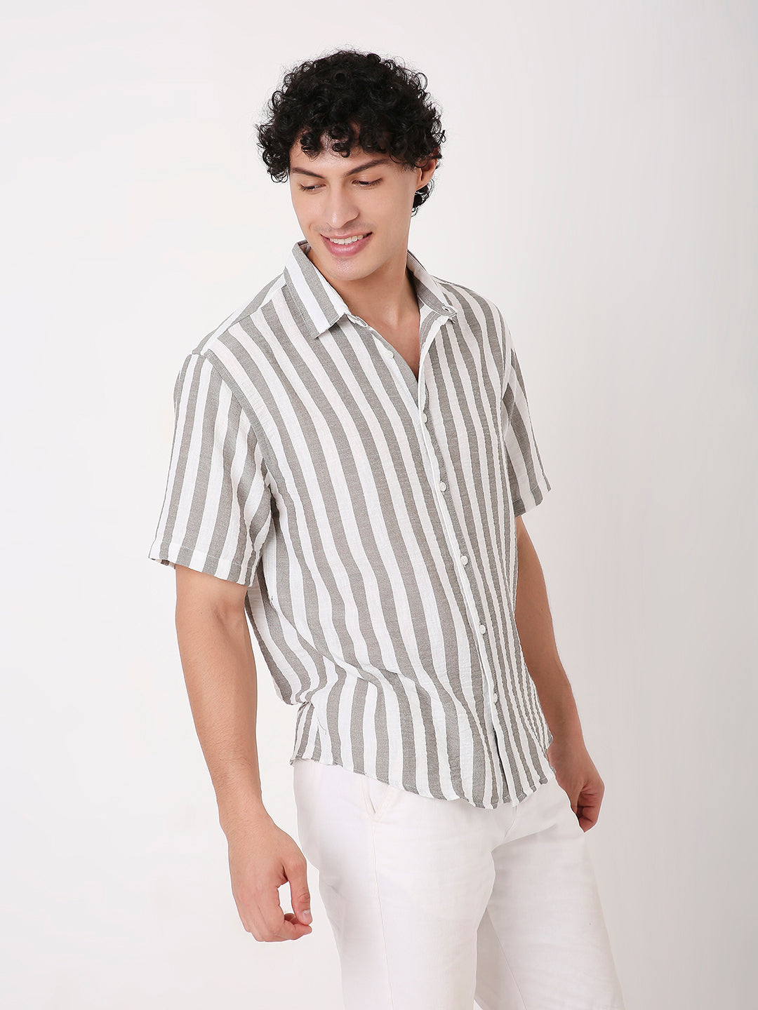 VERTICAL STRIPED LINEN BLEND HALF SLEEVE SHIRT