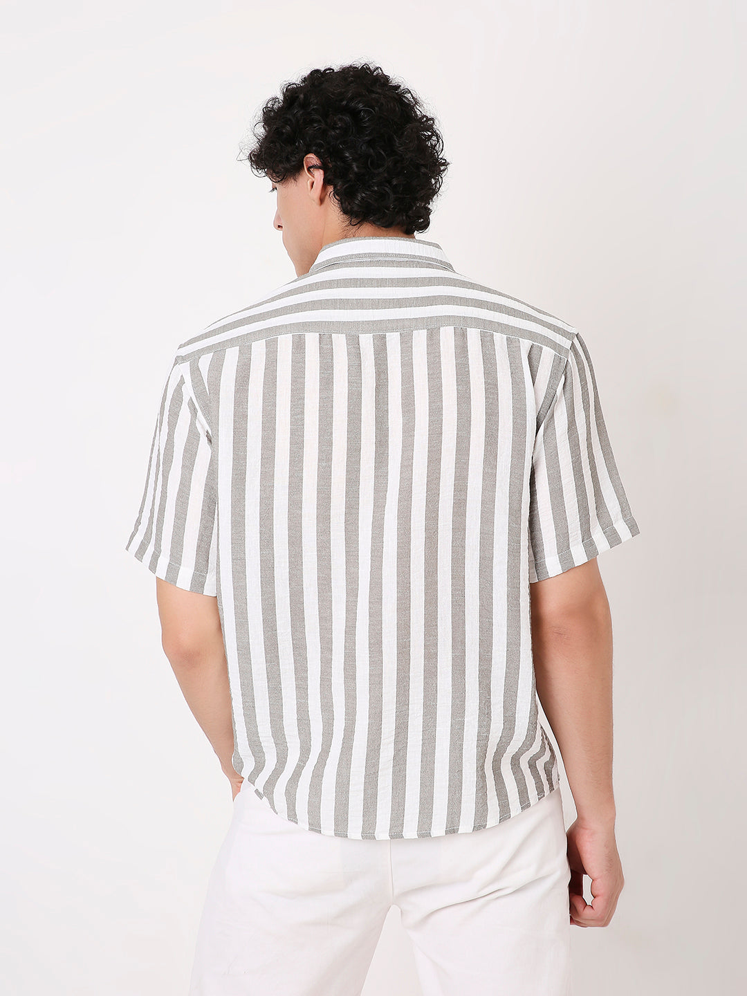 VERTICAL STRIPED LINEN BLEND HALF SLEEVE SHIRT