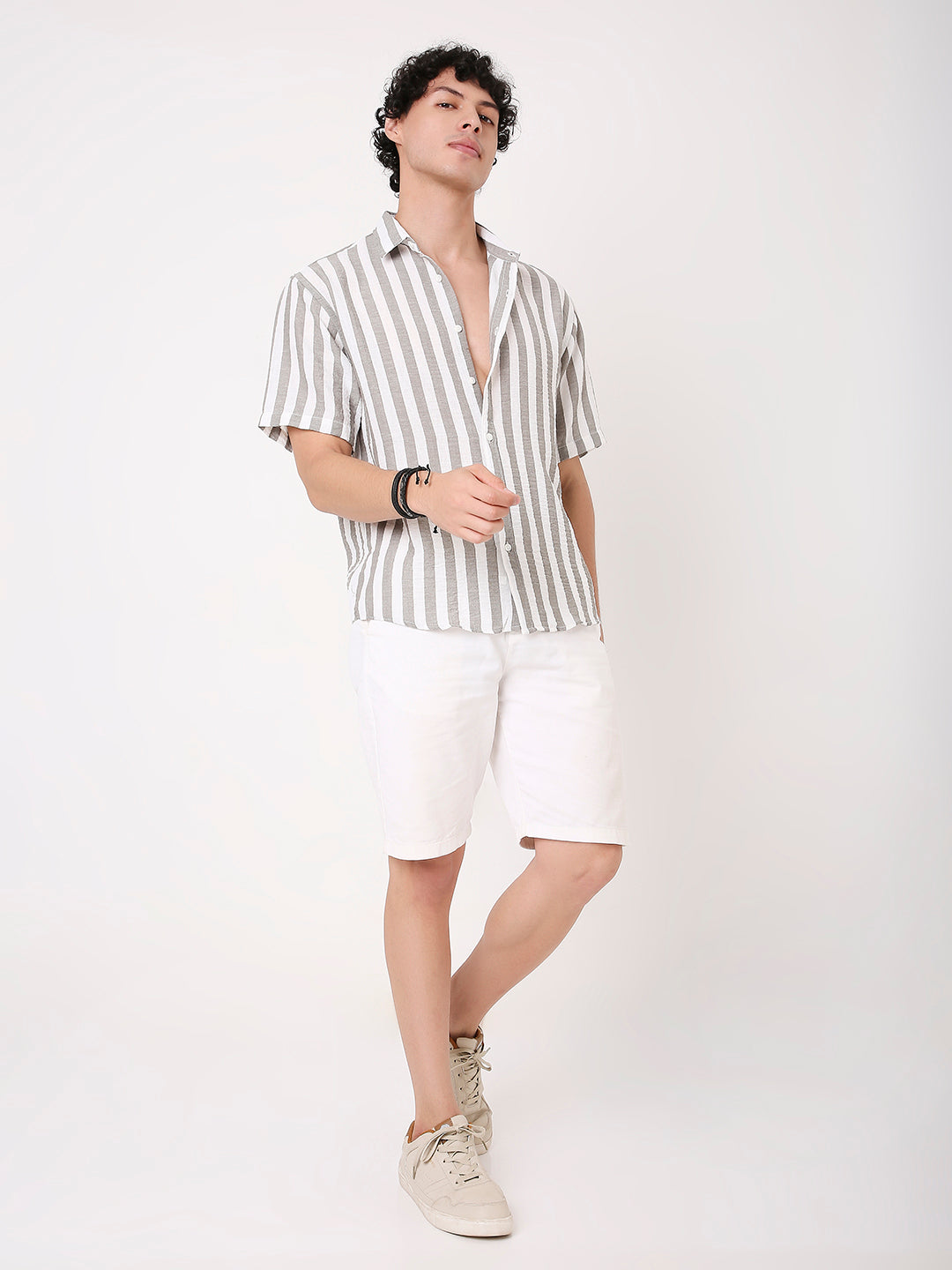 VERTICAL STRIPED LINEN BLEND HALF SLEEVE SHIRT