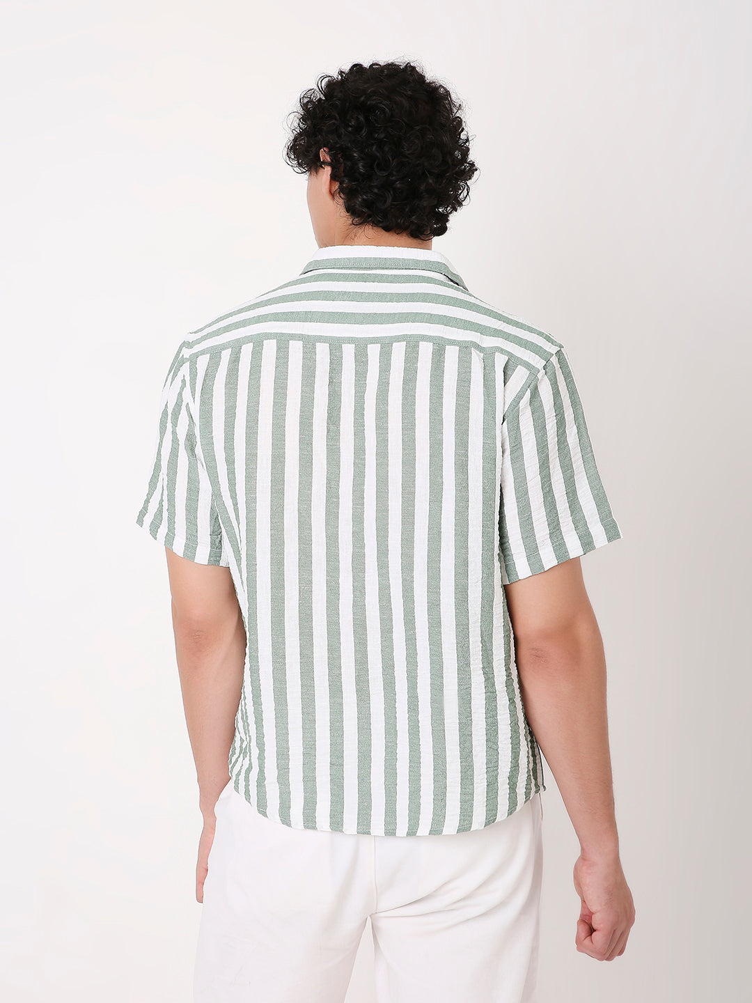VERTICAL STRIPED LINEN BLEND HALF SLEEVE SHIRT