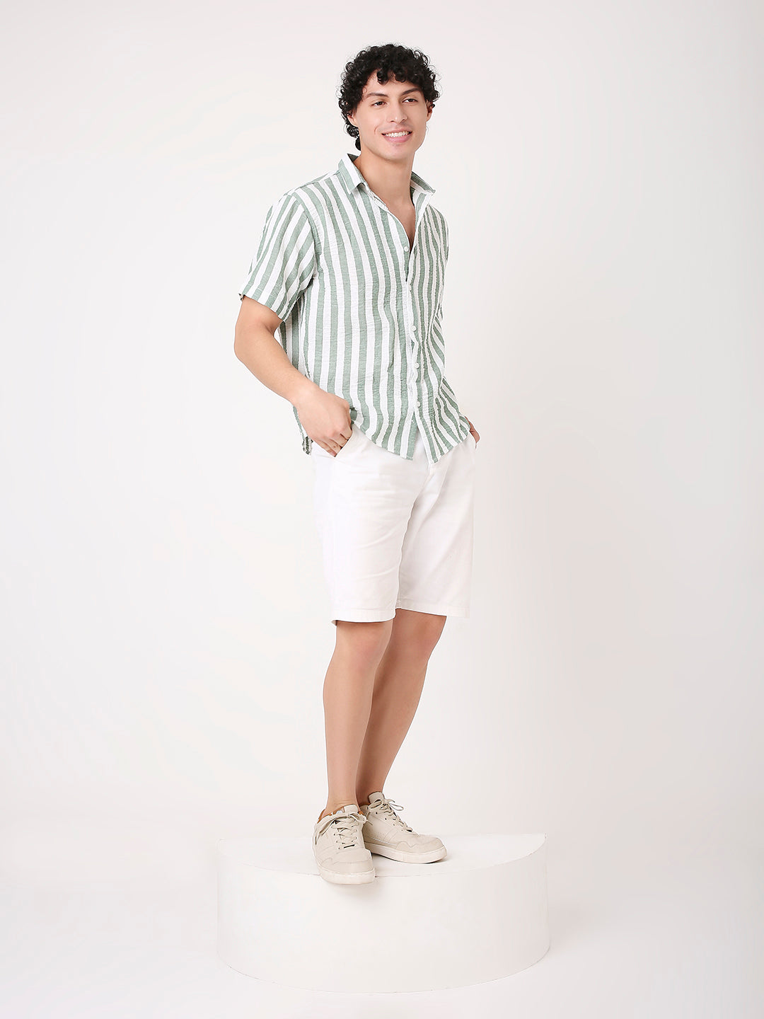 VERTICAL STRIPED LINEN BLEND HALF SLEEVE SHIRT