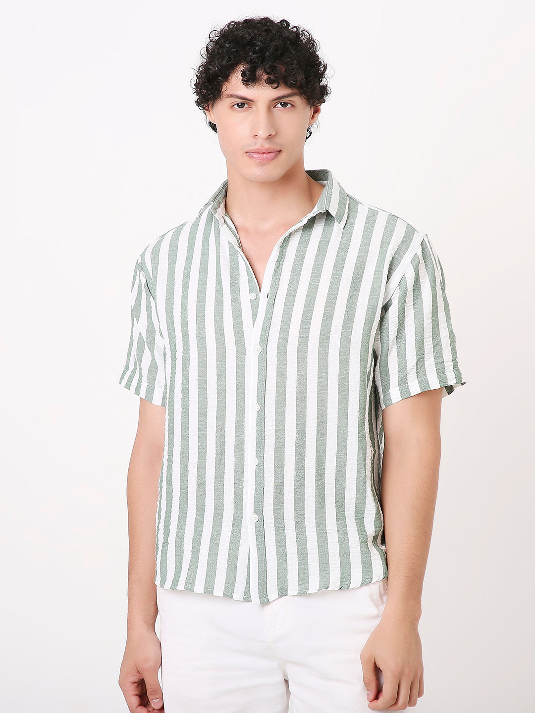 VERTICAL STRIPED LINEN BLEND HALF SLEEVE SHIRT