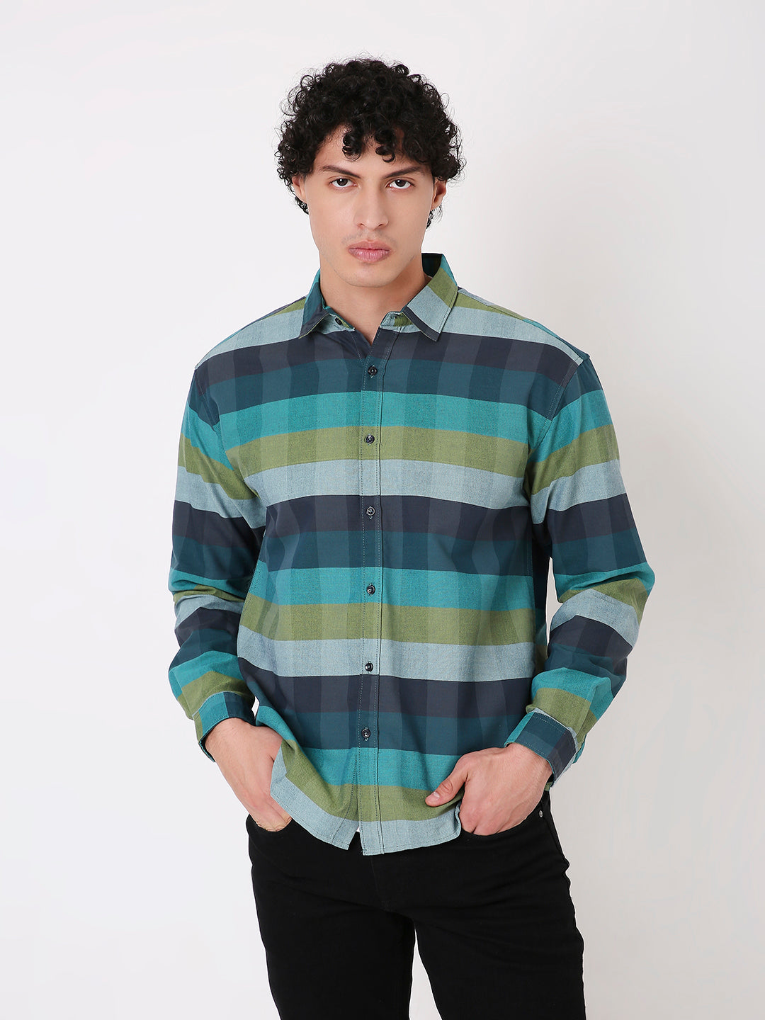 MEN'S CASUAL CHECKED MULTI-COLOUR COTTON BLEND GREEN SHIRT