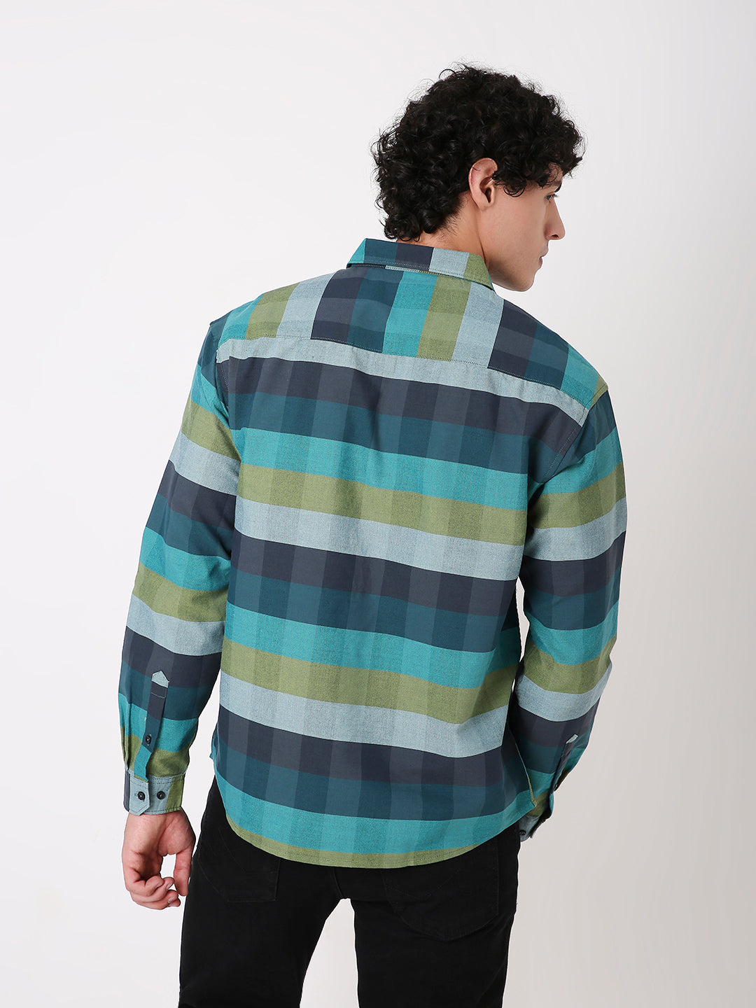 MEN'S CASUAL CHECKED MULTI-COLOUR COTTON BLEND GREEN SHIRT
