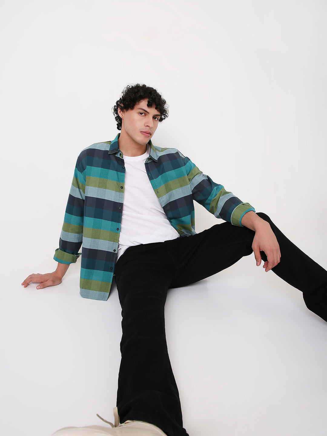 MEN'S CASUAL CHECKED MULTI-COLOUR COTTON BLEND GREEN SHIRT