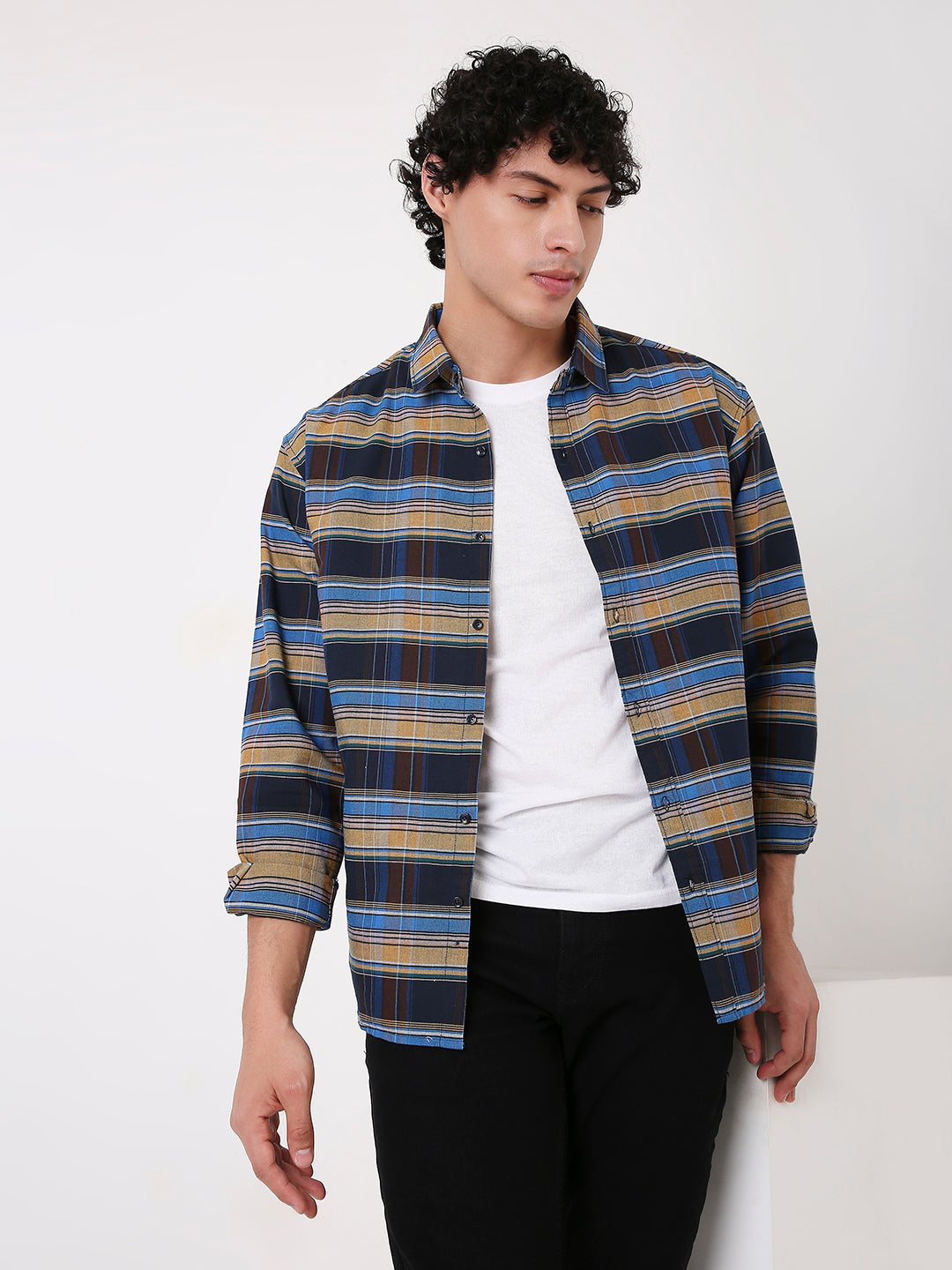 NAVY BLUE MULTI-COLOUR CHECKED SHIRT